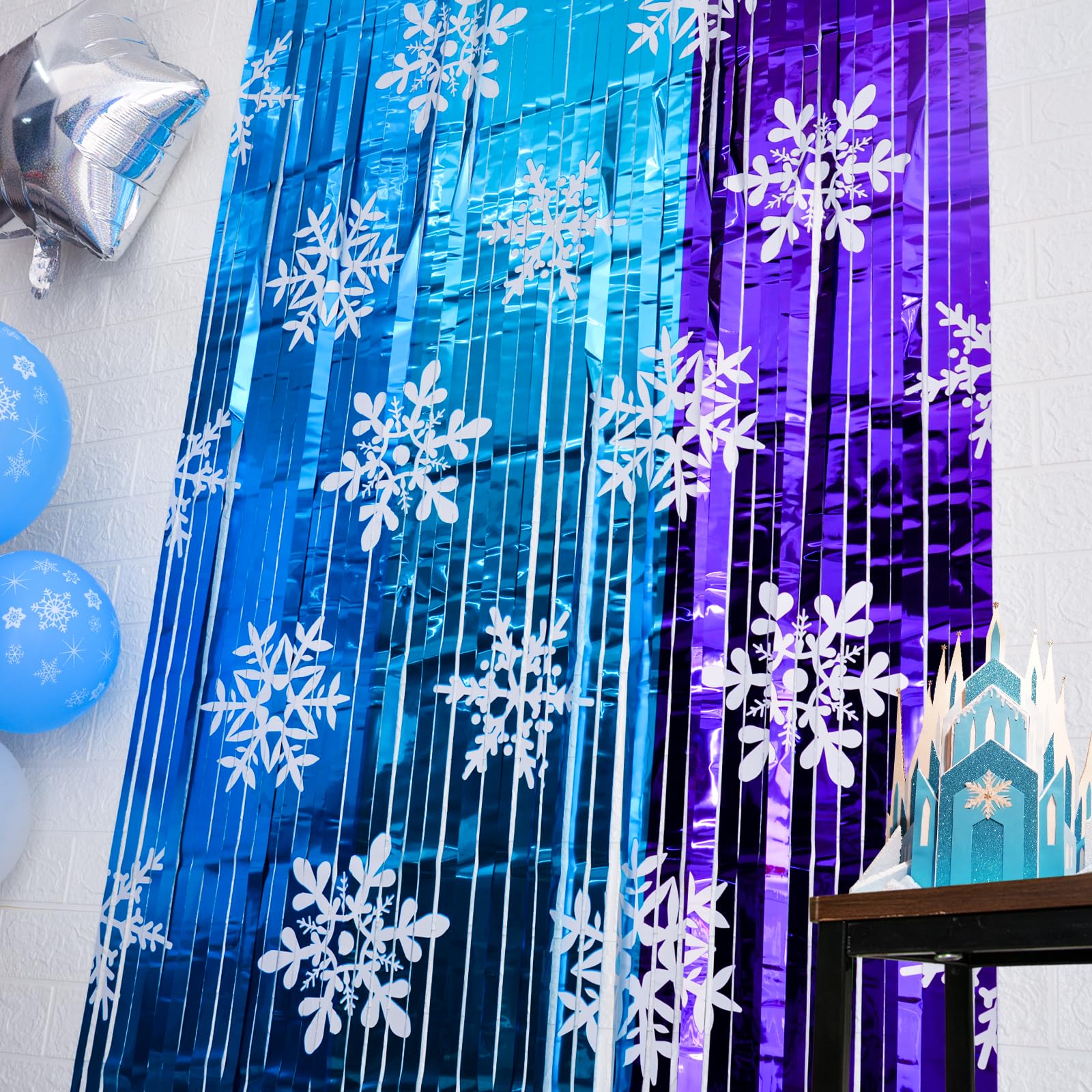 Bupelo Winter Princess Birthday Party Decorations, 2 Pack Ice Birthday Party Supplies 3.3X6.6Ft Tinsel Foil Fringe Curtains, Win