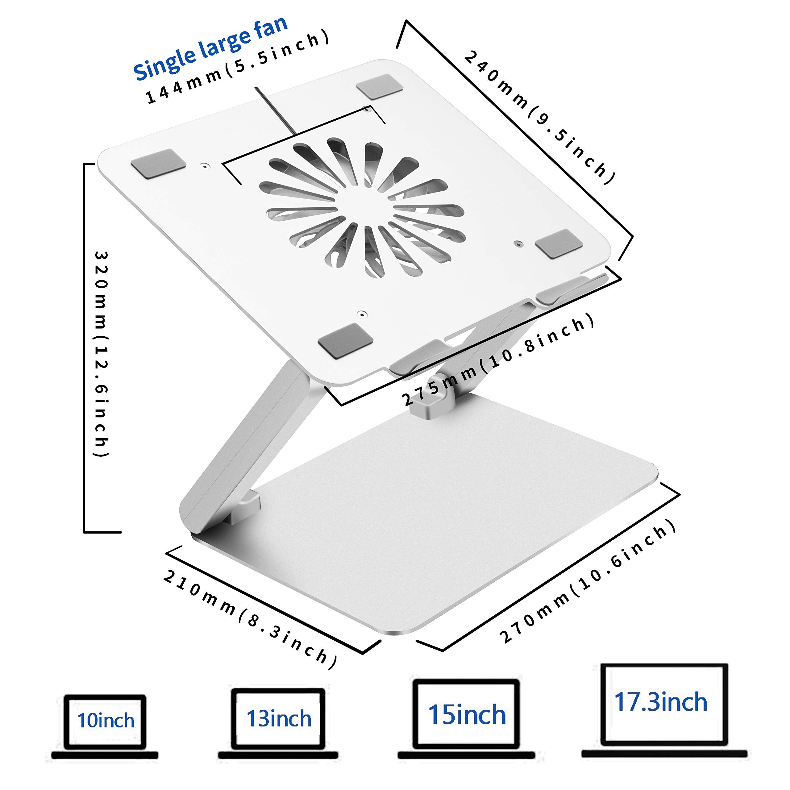 SOUNDANCE Laptop Cooling Pad - Low-Noise Fan, 3 USB Hubs, Ergonomic Design for Up to 17” Laptops, Aluminum, Adjustable Silver