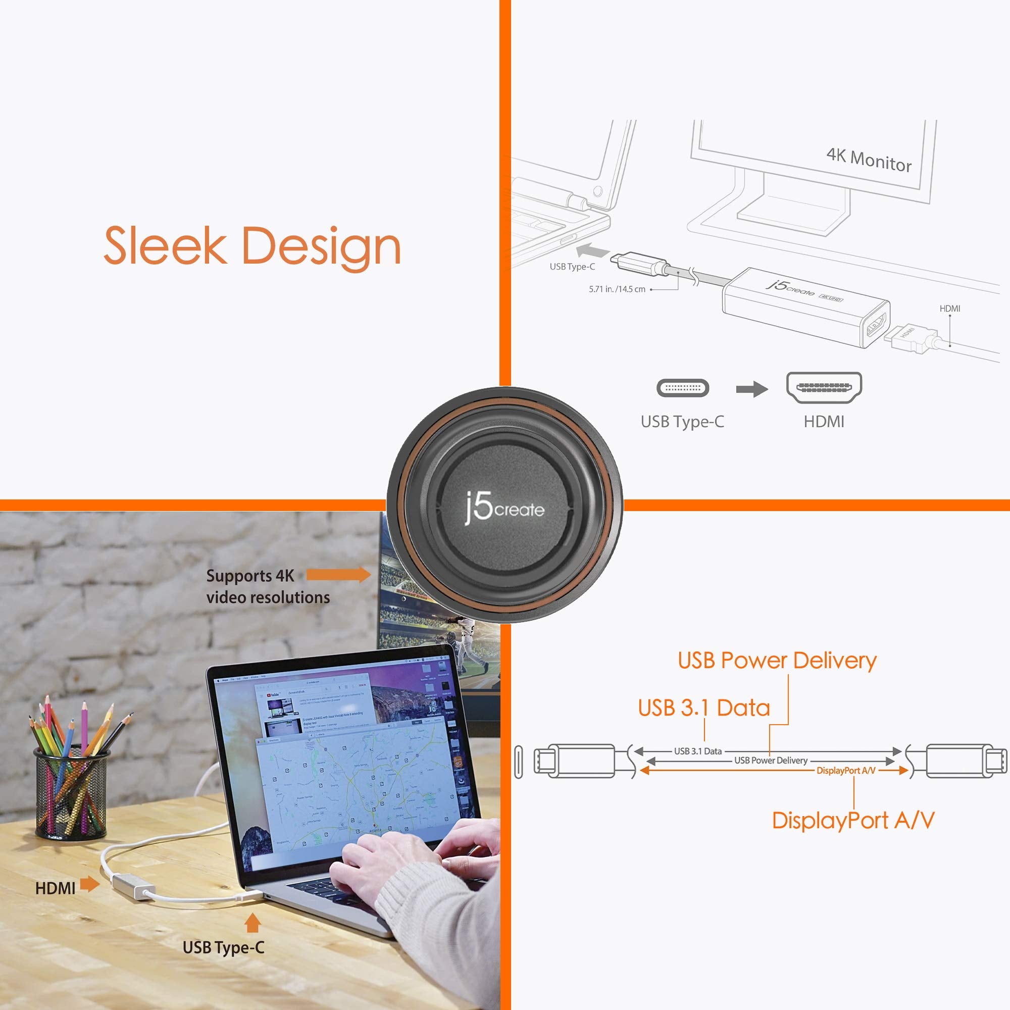 J5Create Usb Type C To 4K Hdmi Adapter Jca153 / 4K @60 Hz/For Macbook, Chromebook, Type C Laptops