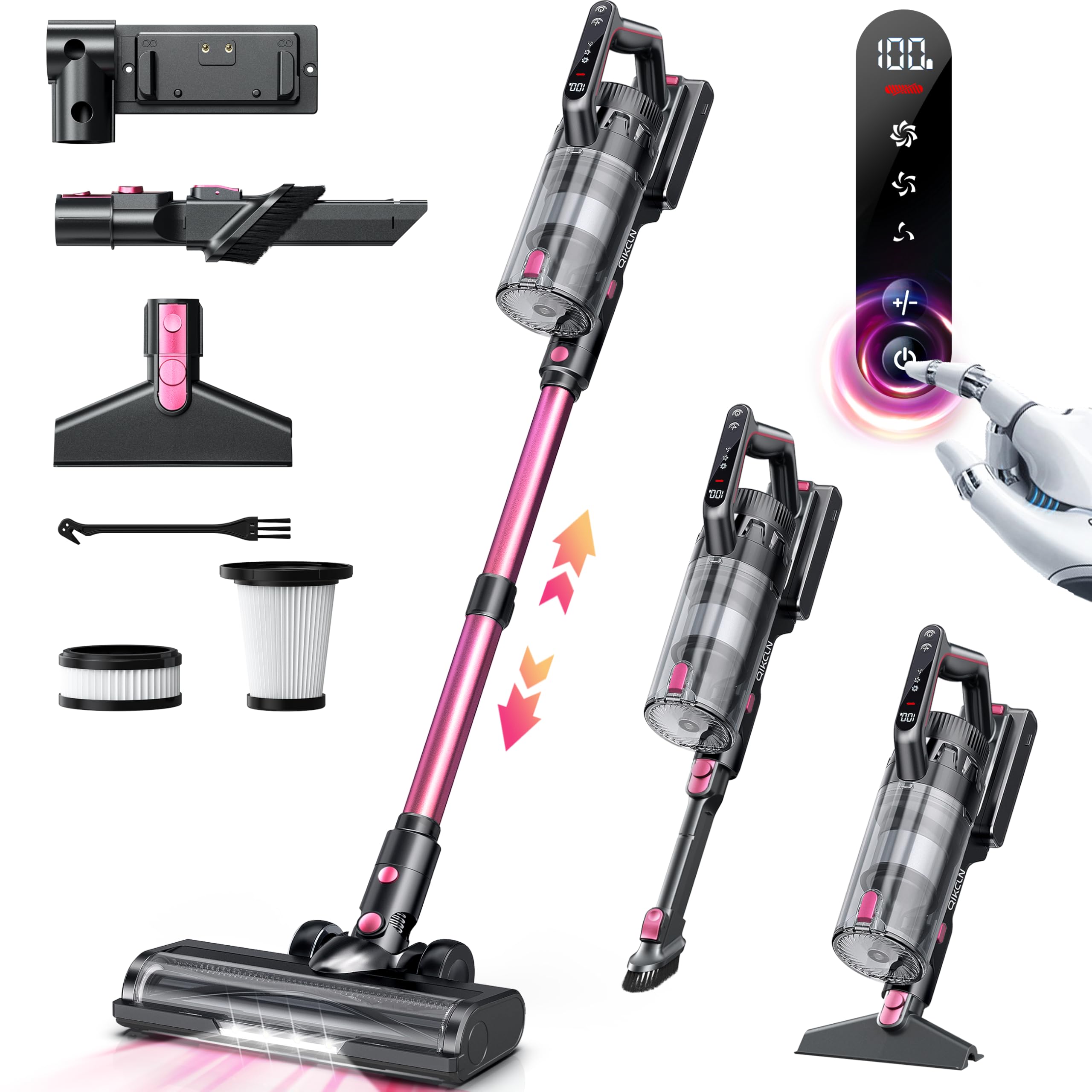 Qikcln Cordless Vacuum Cleaner, 23000Pa Powerful Lightweight Stick Vac With Led Headlights, 45 Minutes Runtime, 3 Modes, Handhel