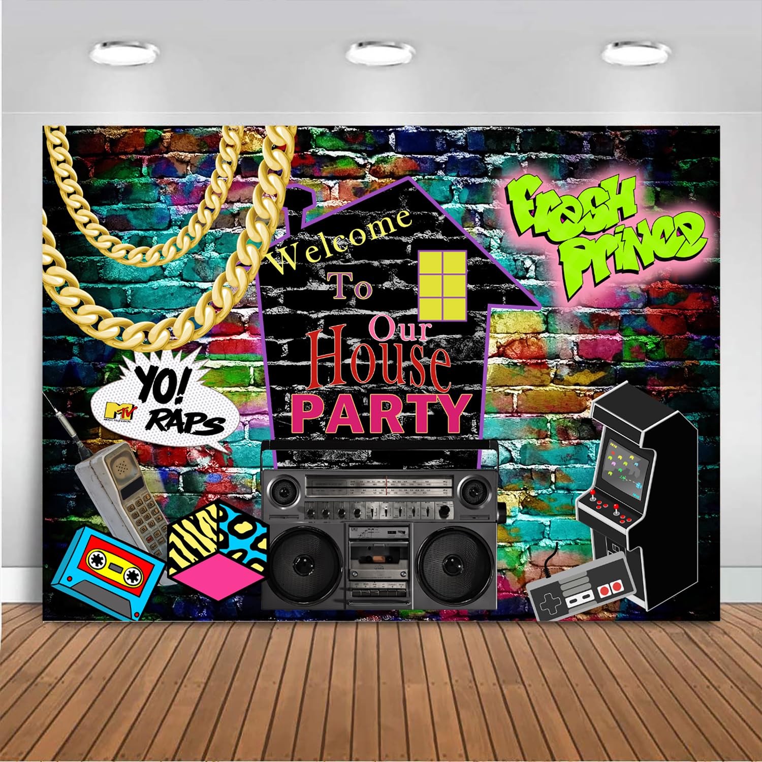 Mocsicka 90S House Party Backdrop Hip Hop 80'S 90'S Theme Party Decorations Graffiti Brick Wall Fresh Prince Retro Music Rock Punk 90S Background Banner Photo Studio Props(7X5Ft)