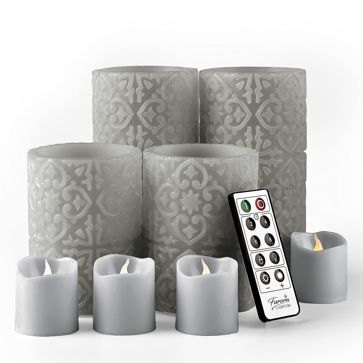 Furora Lighting Grey Rome Real Wax Led Candles With Remote And Timer, 4 Pillar And 4 Votives Pack Of 8, Flameless Flickering Can