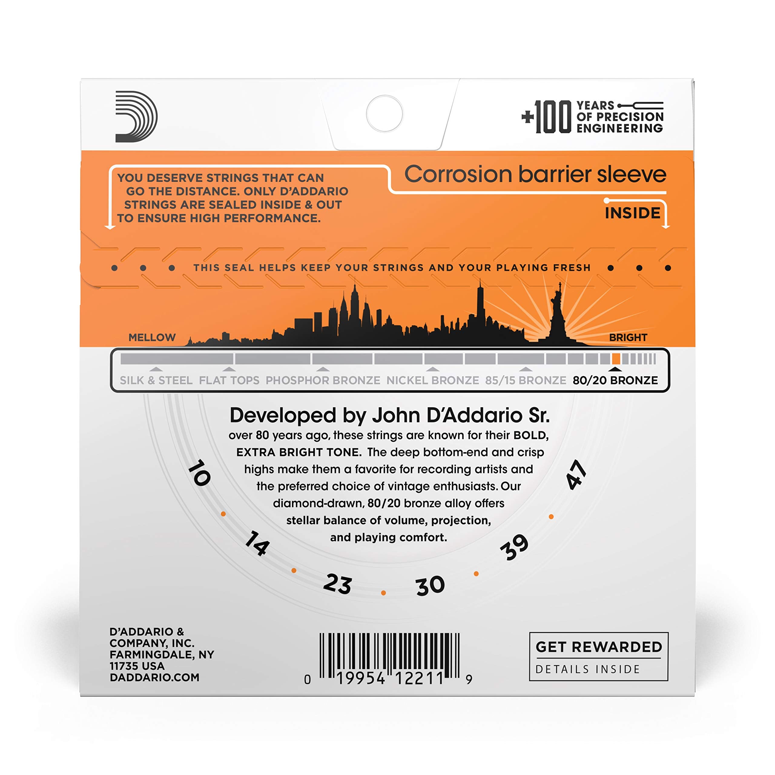 D 'Addario Ej10 Bronze Acoustic Guitar Strings, Extra Light, 10 47 (Pack Of 5)