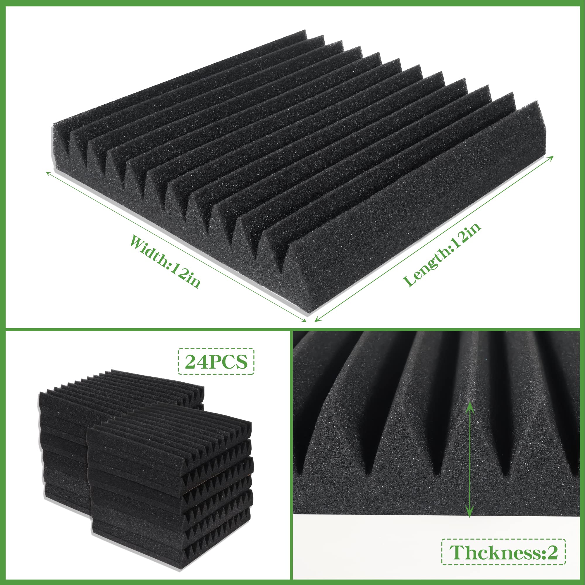 24 Pack Acoustic Panels Self Adhesive, 2'' X 12'' X 12'' Sound Proof Foam Panels, Quick Recovery Acoustic Foam Wedges,High Densi
