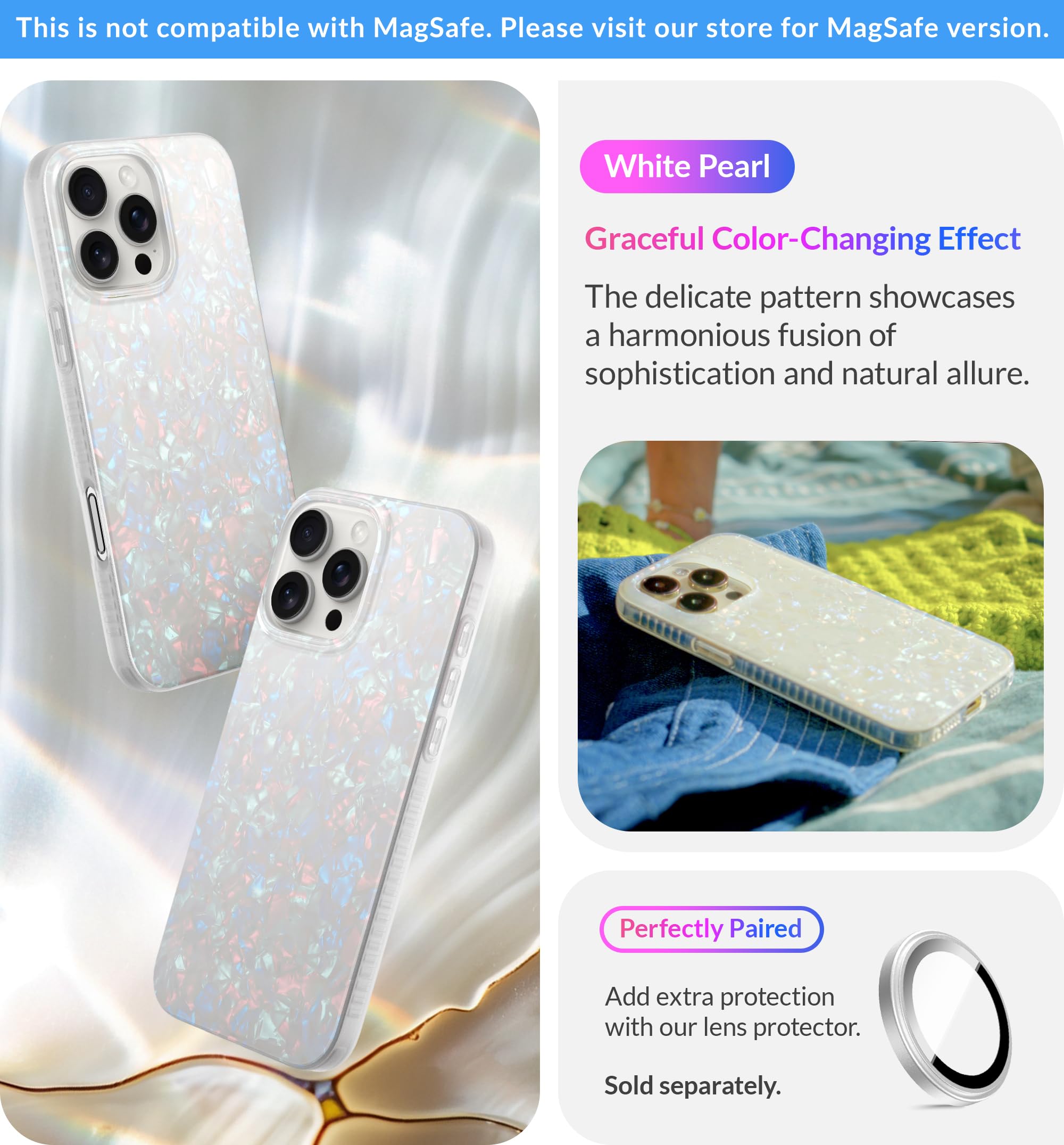 Lonli Hue   For Iphone 16 Pro Case   White Pearl Tort Phone Case   [360 Shock Absorbent Bumper]   Cute, Unique And Aesthetic Pho