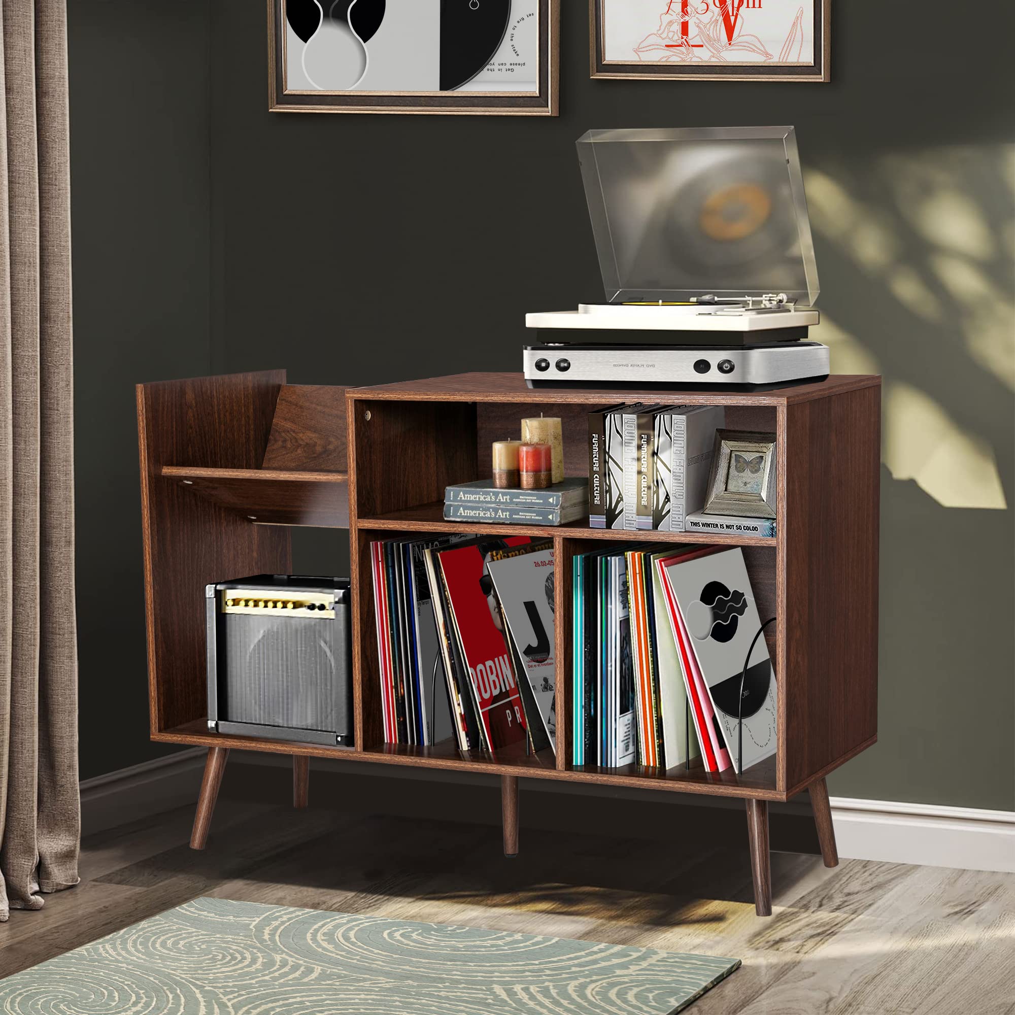 Qhitty Record Player Stand, Mid Century Modern Vinyl Record Storage Cabinet Table With Wood Legs, Turntable Stand Record Holder