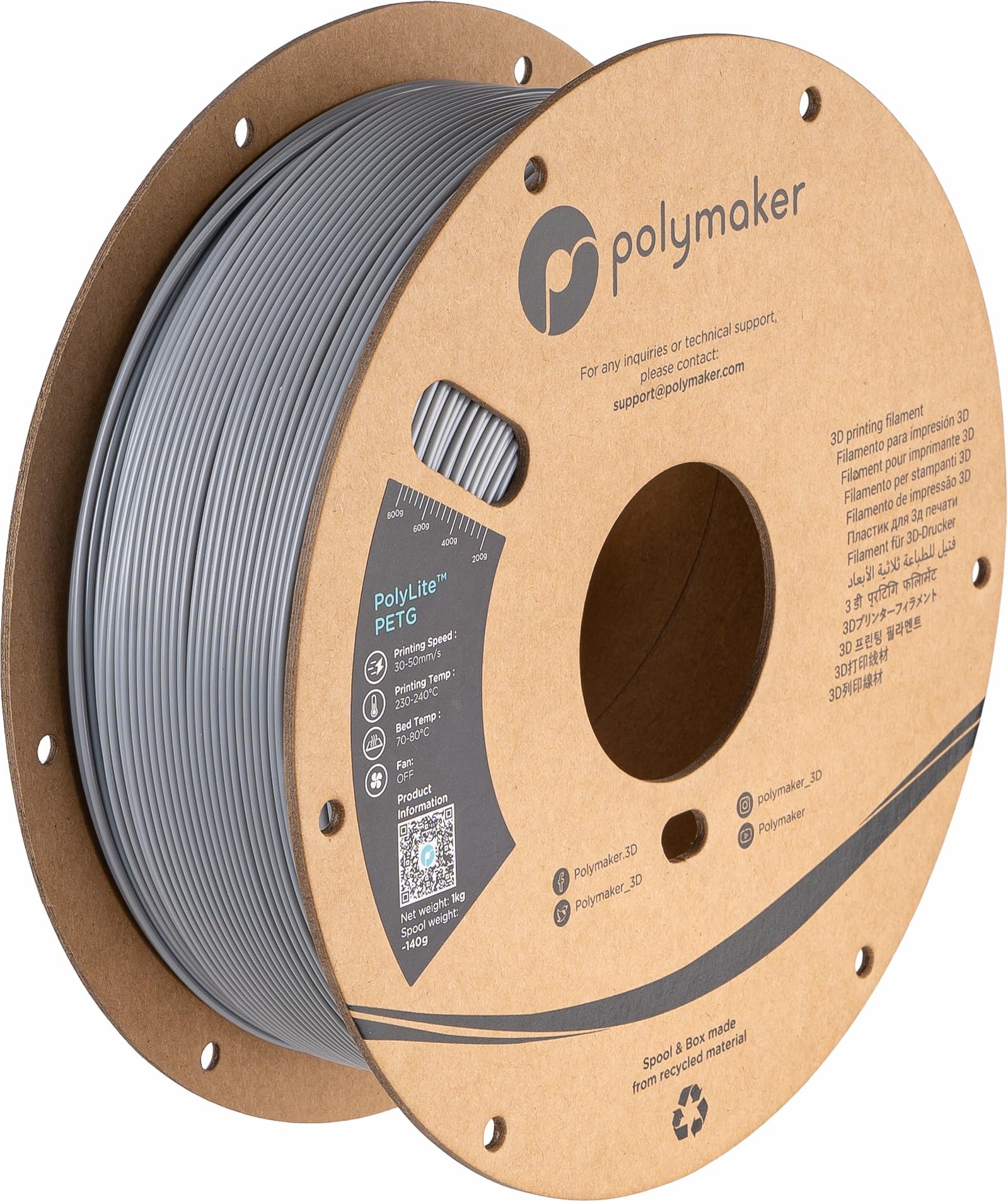 Polymaker PETG Filament 1.75mm 1kg Grey 3D Printer Filament, PolyLite PETG 3D Printing Filament 1.75mm, Dimensional Accuracy +/-