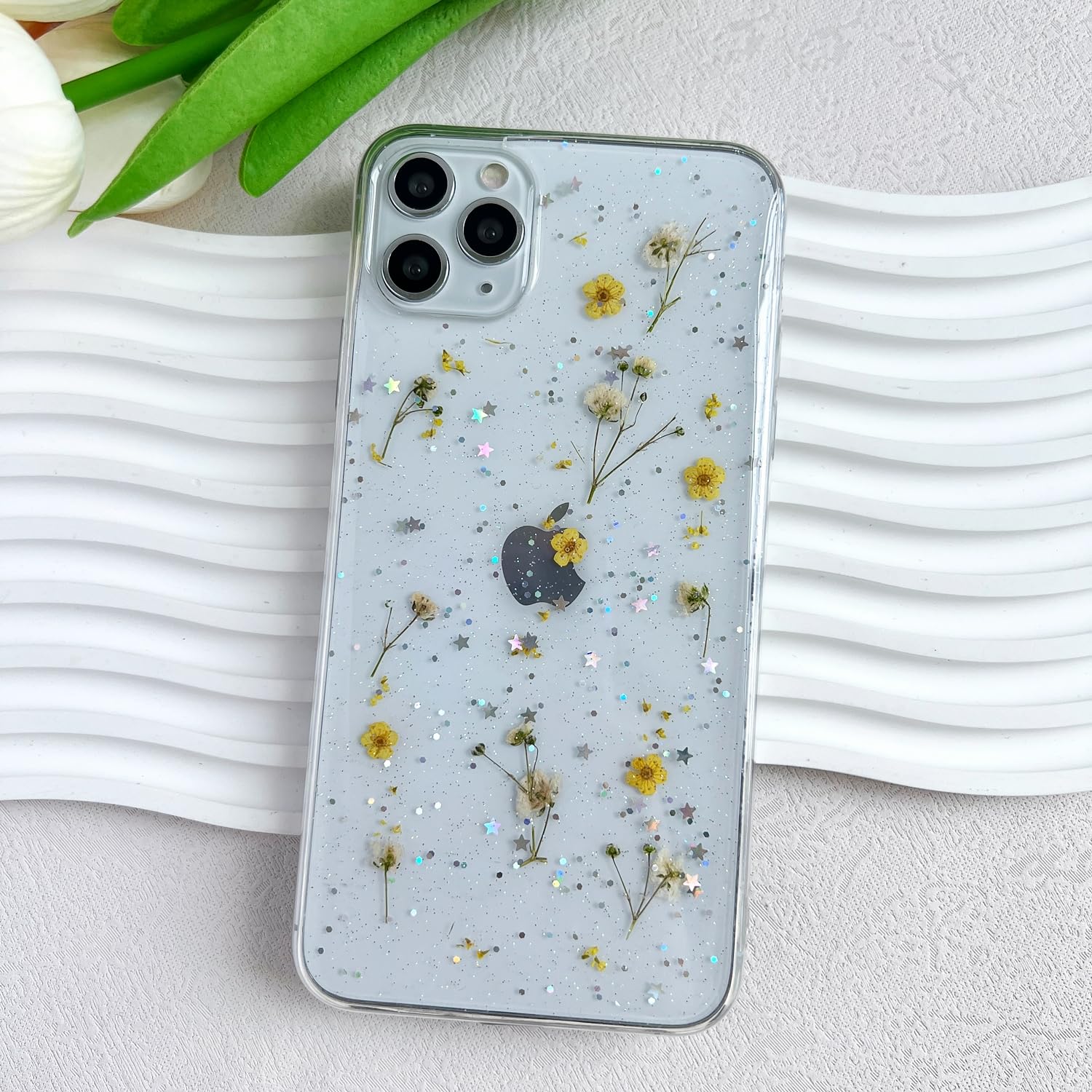 Lseeka For Iphone 11 Pro Clear Case With Pressed Real Flowers Design,Glitter Cute Yellow Floral Pattern Slim Soft Tpu Protective