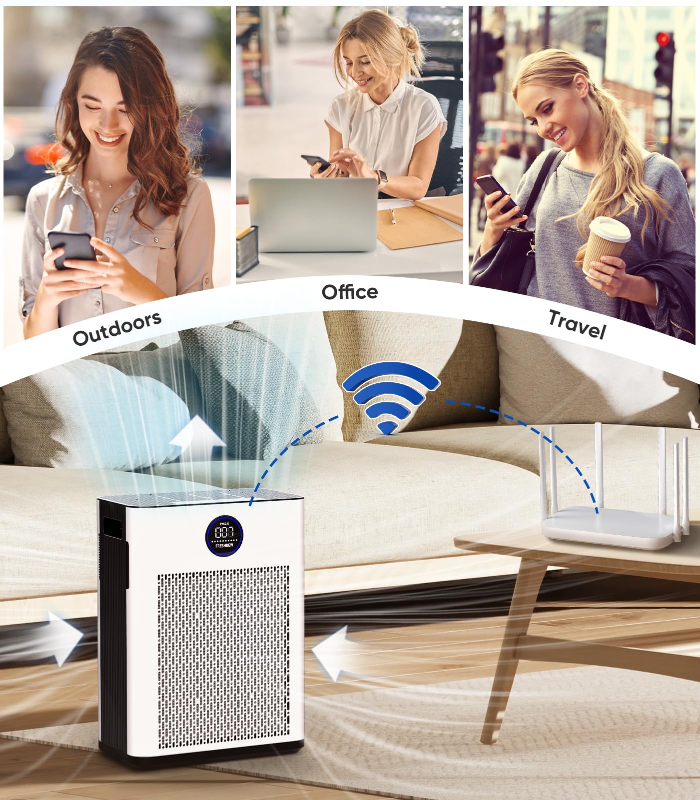 Air Purifiers For Home,Freshdew Air Purifiers For Bedroom Up To 2300Ft With Smart Wifi,Air Quality And Sensors,Double Sided Air