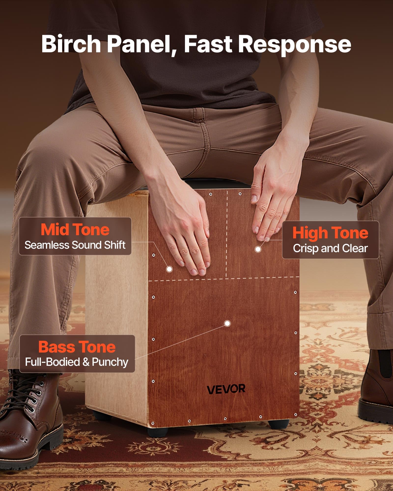 Vevor Cajon Box Drum, With Internal Snare Wires, Lightweight Wooden Percussion Box, Portable Birch Wood Drum Musical Instrument