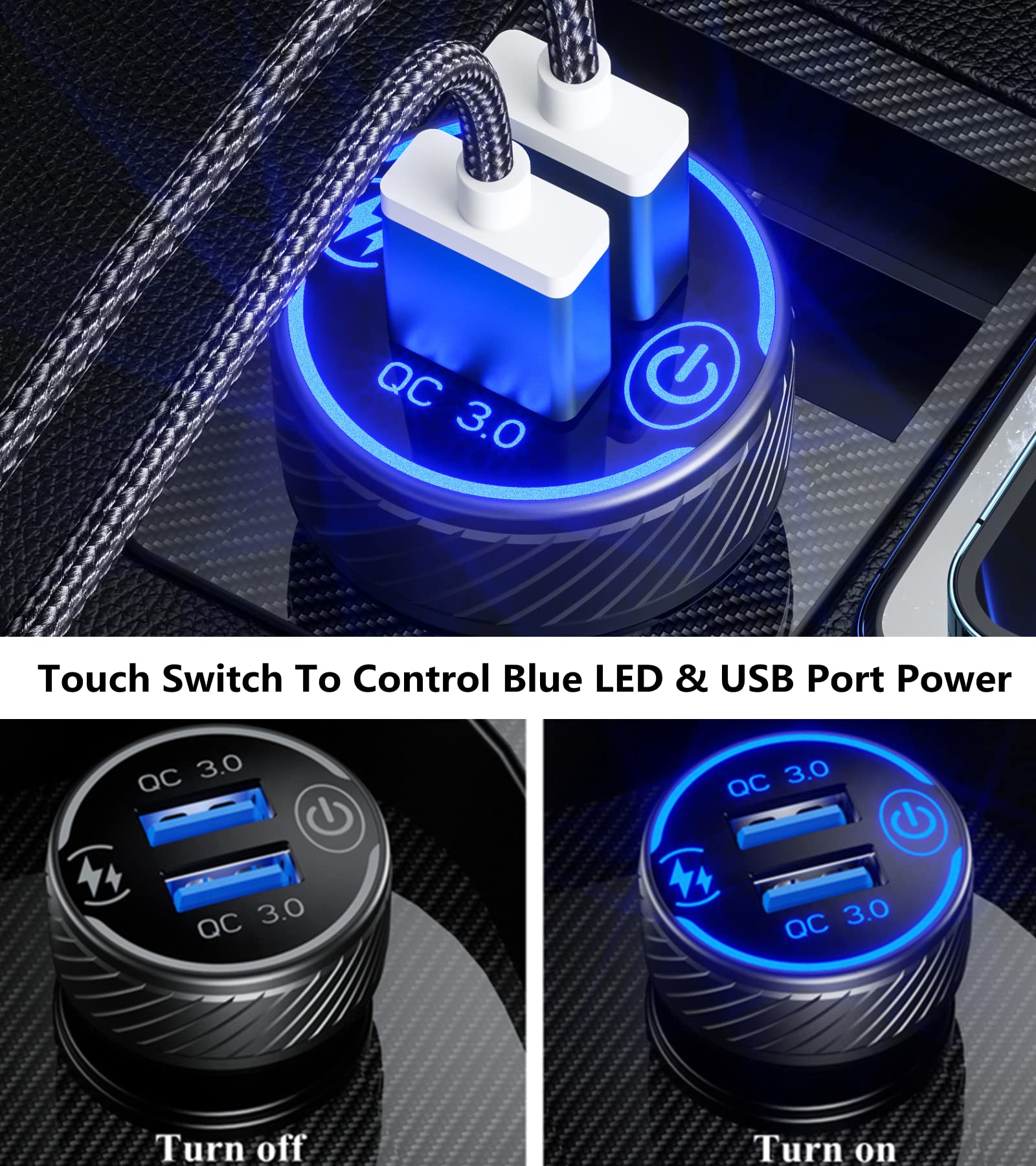 Brcovan Car Charger, Dual Qc3.0 Port Usb Car Phone Charger Adapter, 36W 3A Fast Charge With Touch Switch & Blue Led