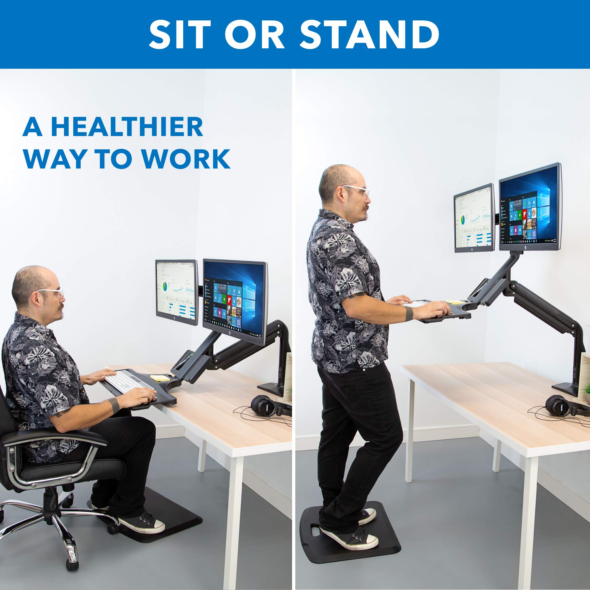 Mount It! Dual Monitor Sit Stand Workstation with Gas Spring Arm | Height Adjustable Standing Desk Converter | 2 Integrated USB 3.0 Ports | VESA 75 100 | C Clamp and Grommet Base