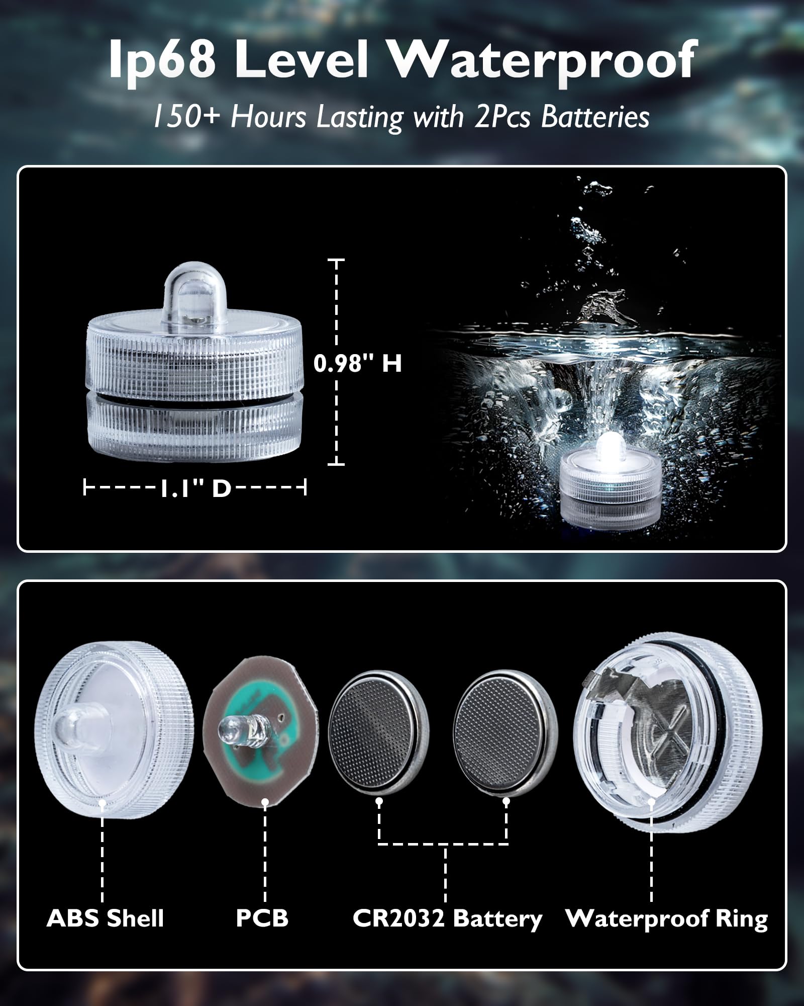 Homemory 12Pcs Mini Submersible Led Lights, 150+Hour Waterproof Small Tealight Candles,Battery Operated Underwater Efx Light For