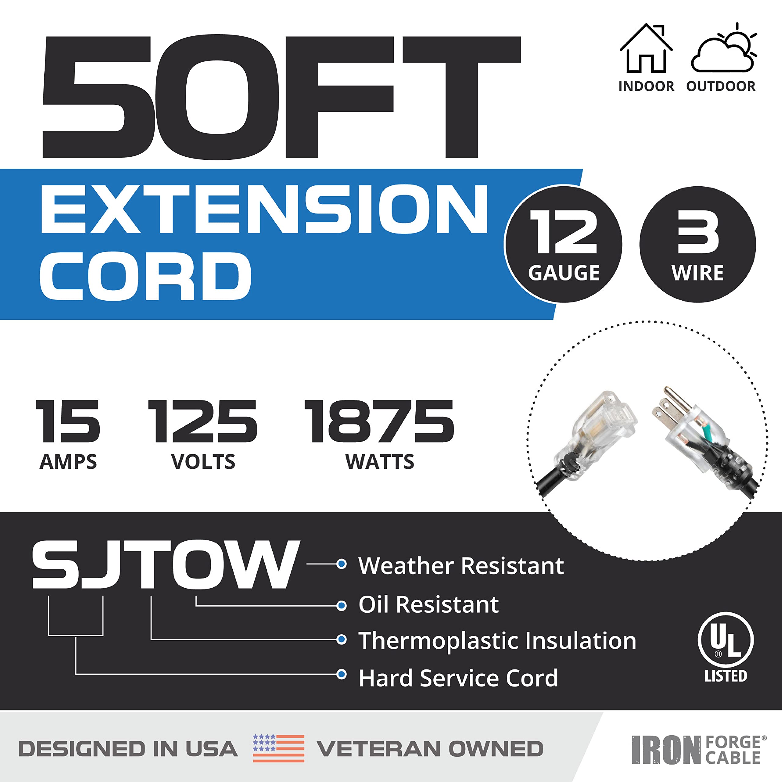Iron Forge Cable 2 Pack 50 Ft Heavy Duty Extension Cord Outdoor, Oil Resistant Weatherproof 12 Gauge Extension Cord 50 Ft 3 Pron
