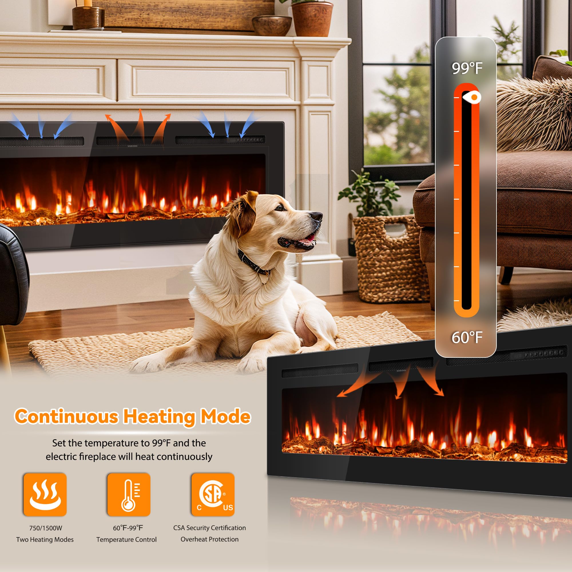 Manastin 60 Inch Electric Fireplace In Wall Recessed And Wall Mounted With Remote Control, 1500/750W Fireplace Heater (60 99F Th