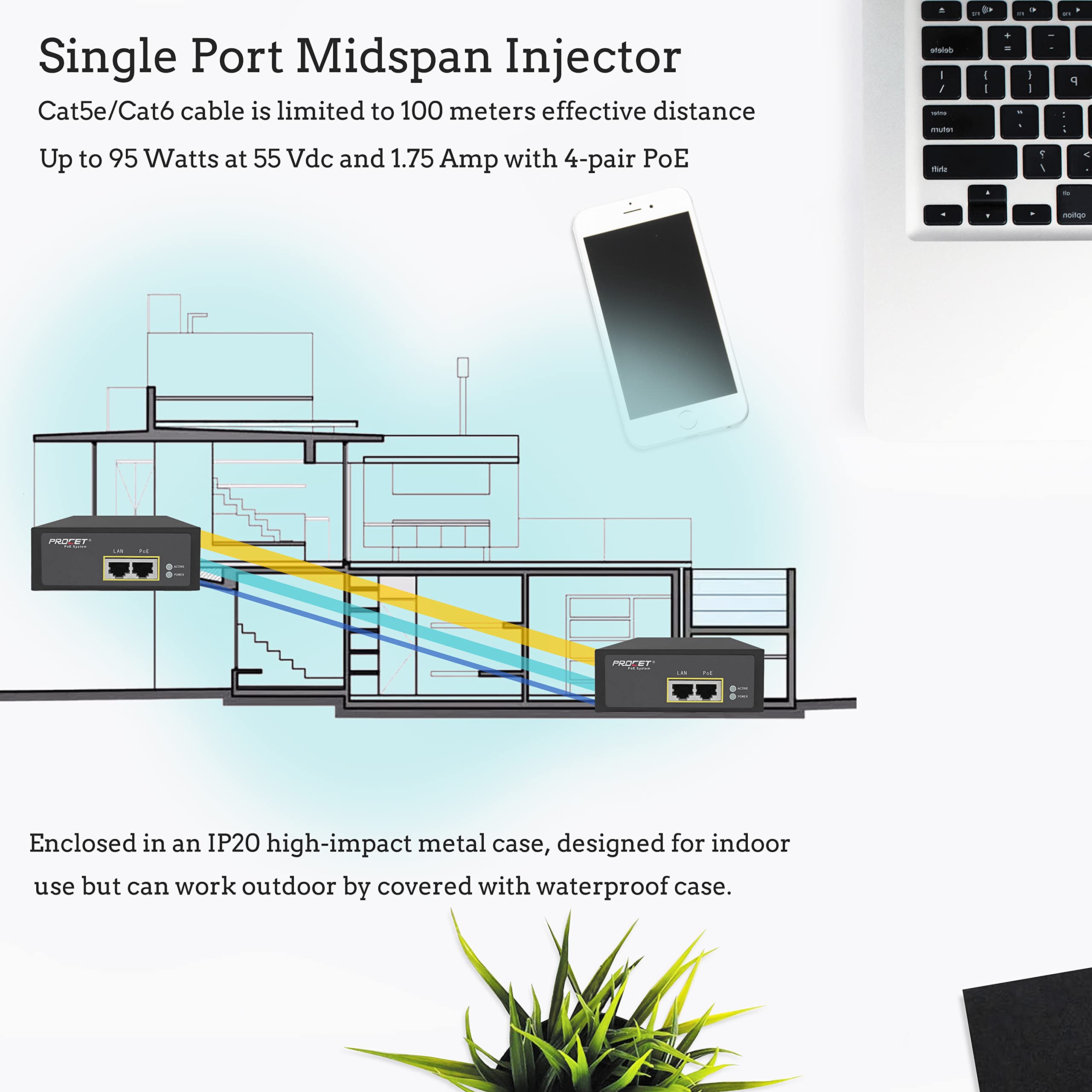 Procet Single Port Gigabit Industrial Power Over Ethernet Active Poe Injector 95W 55V Output With Wide Temperature And 6Kv Surge