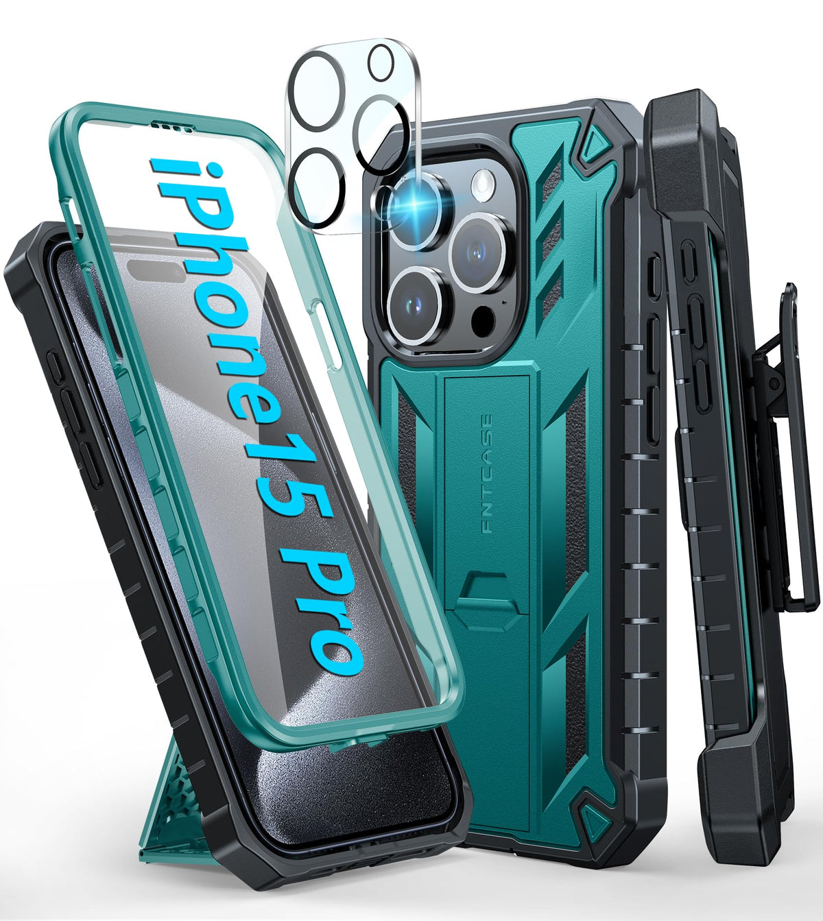 Fntcase For Iphone 15 Pro Case: With Belt Clip Holster & Built In Screen Protector & Kickstand, Full Body Dual Layer Heavy Duty