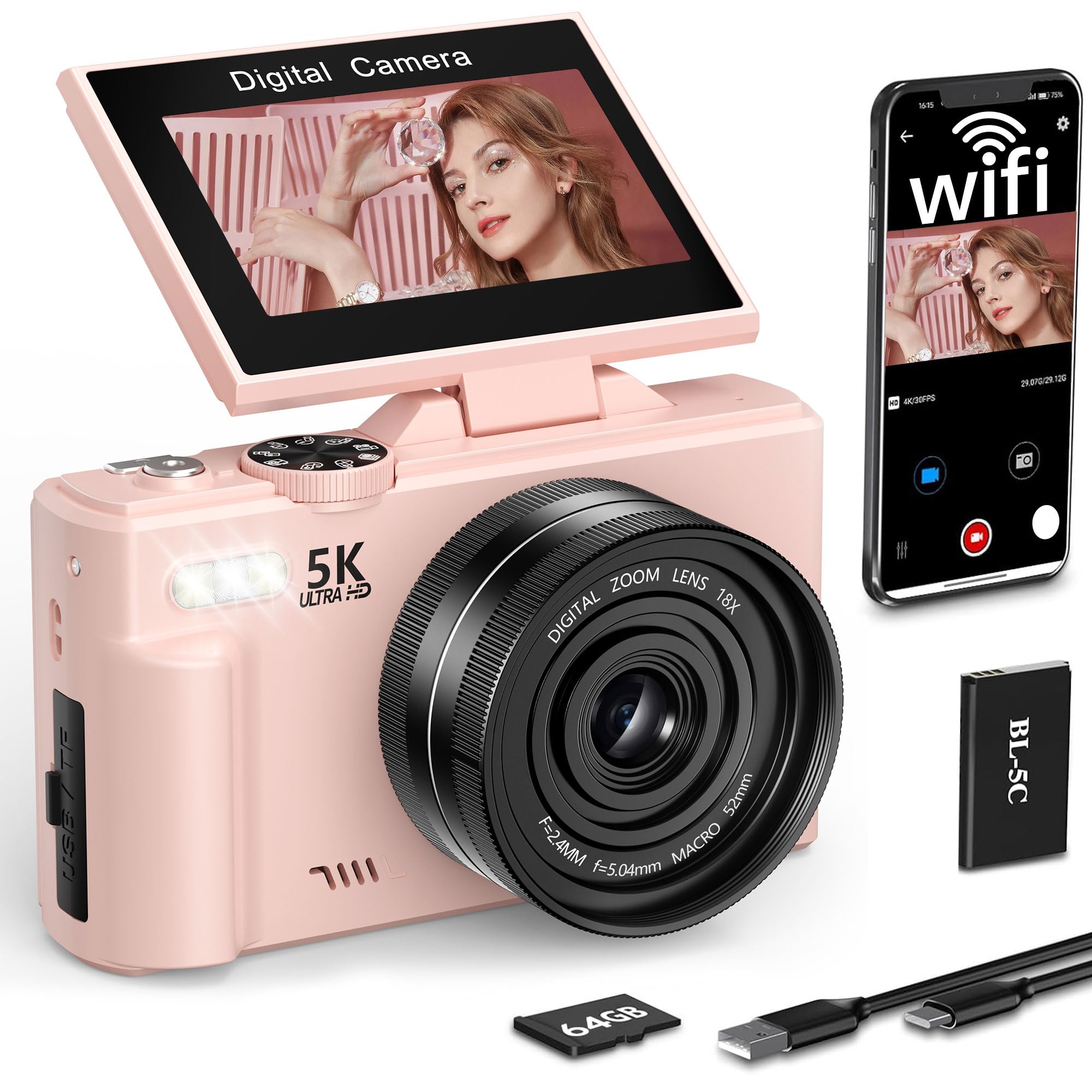 FLATIC Digital Camera, 5K 75MP Cameras for Photography with WiFi & 64GB TF Card, Autofoucs Vlogging Camera for YouTube with 180 