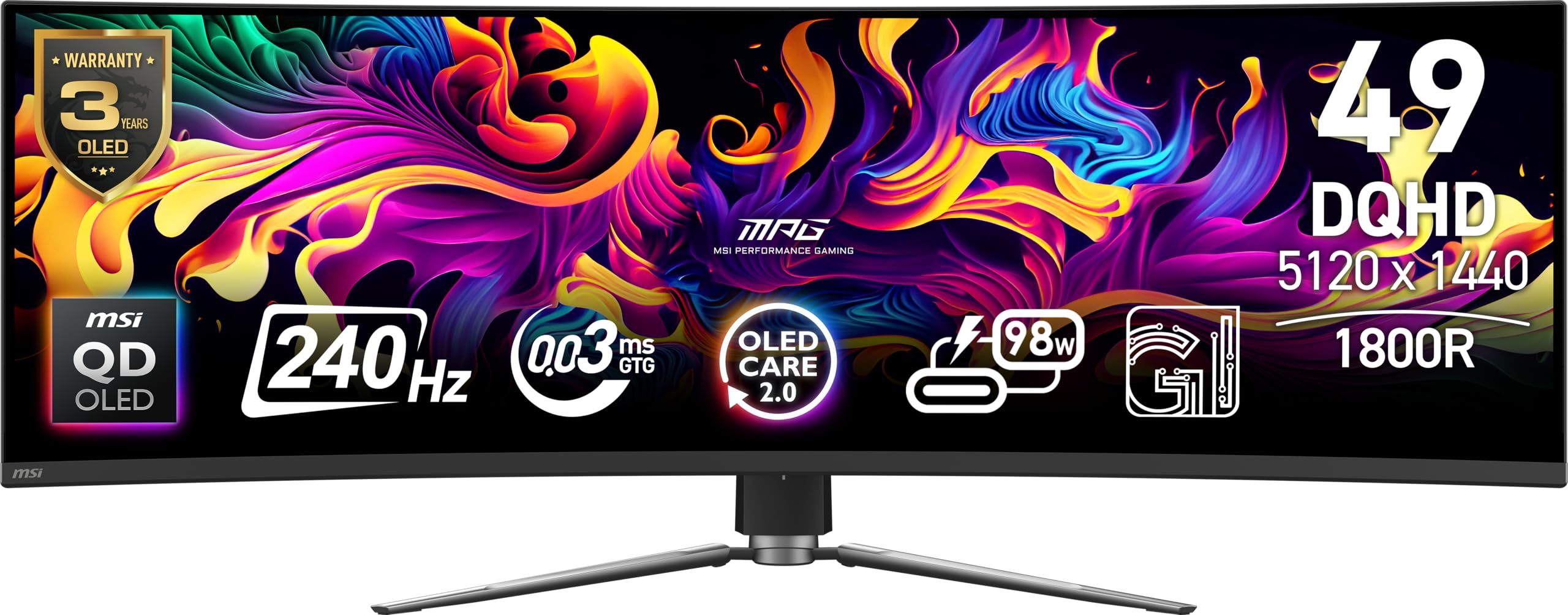 Msi Mpg 491Cqpx Qd Oled 49 Inch Qd Oled 5120 X 1440 (Dqhd) Computer Monitor, 240Hz, Adaptive Synch, Hdmi, Display Port, Vga Port