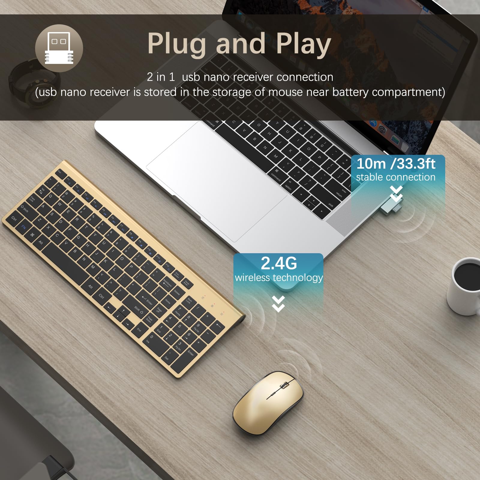 Wireless Keyboard And Mouse Combo, J Joyaccess Slim And Compact Gold Wireless Keyboard And Mouse,Portable And Comfortable Typing