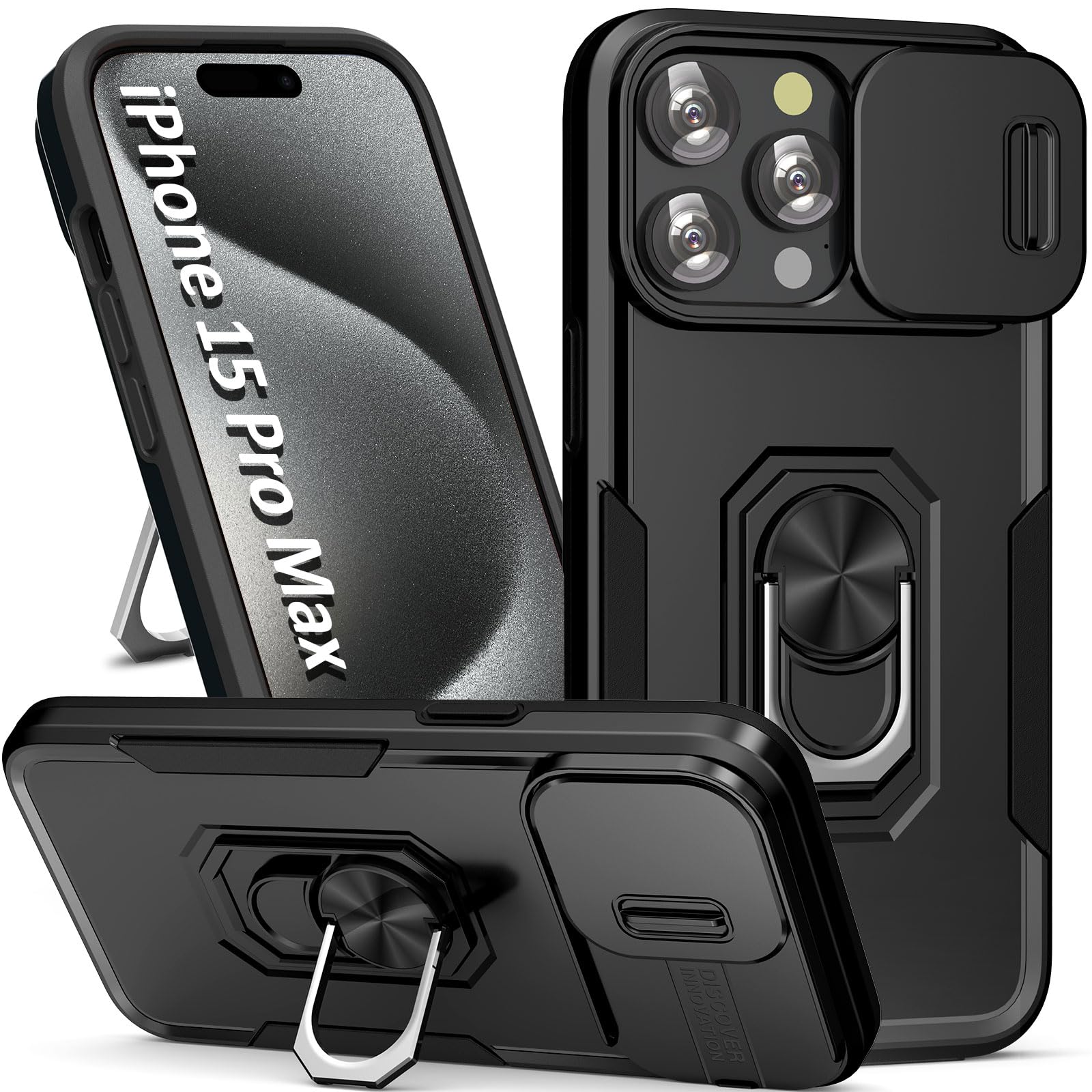 Sefing Case For Iphone 15 Pro Max Phone Case Iphone 15 Pro Max Case With Slide Camera Cover, With Finger Ring Holder Stand, Fit 