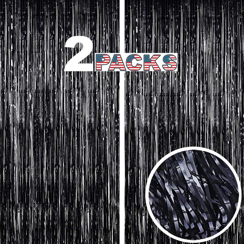 Black Fringe Party Backdrop  6.5X6.5Ft, Pack Of 2 | Lilf Black Foil Fringe Curtain Black Backdrop For Party Birthday Photobooth
