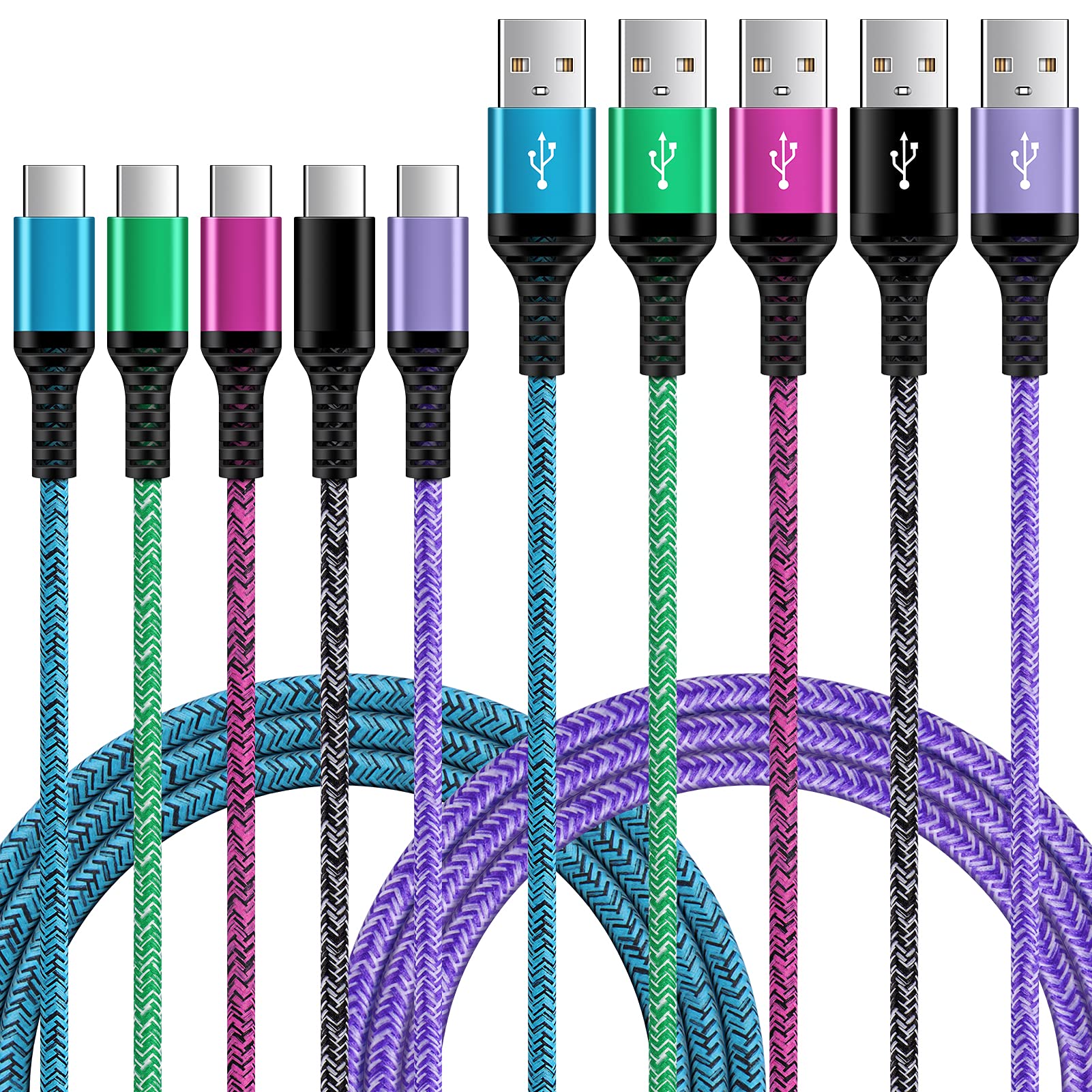 USB C Cord Fast Type C Charging Cable 6FT 5Pack Nylon Phone Charger Cord for Samsung Galaxy A17 A16 5G A12 A32 A52 S23 S22 S21 A
