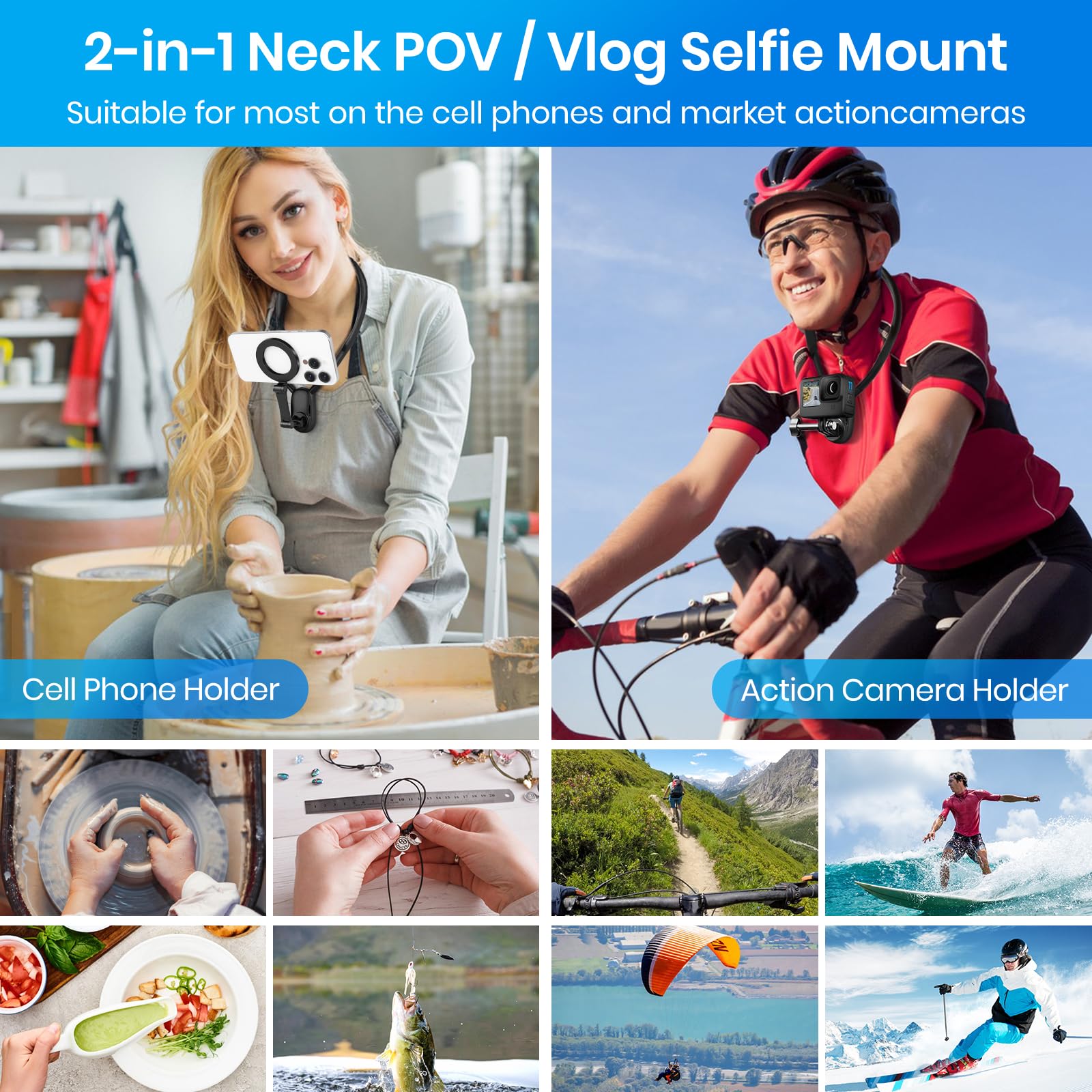 Keweis Magnetic Neck Phone Holder Cell Phones Mount, Hand Free Pov/Vlog Flexible Phone Neck Holder Around Chest Stand Video Reco