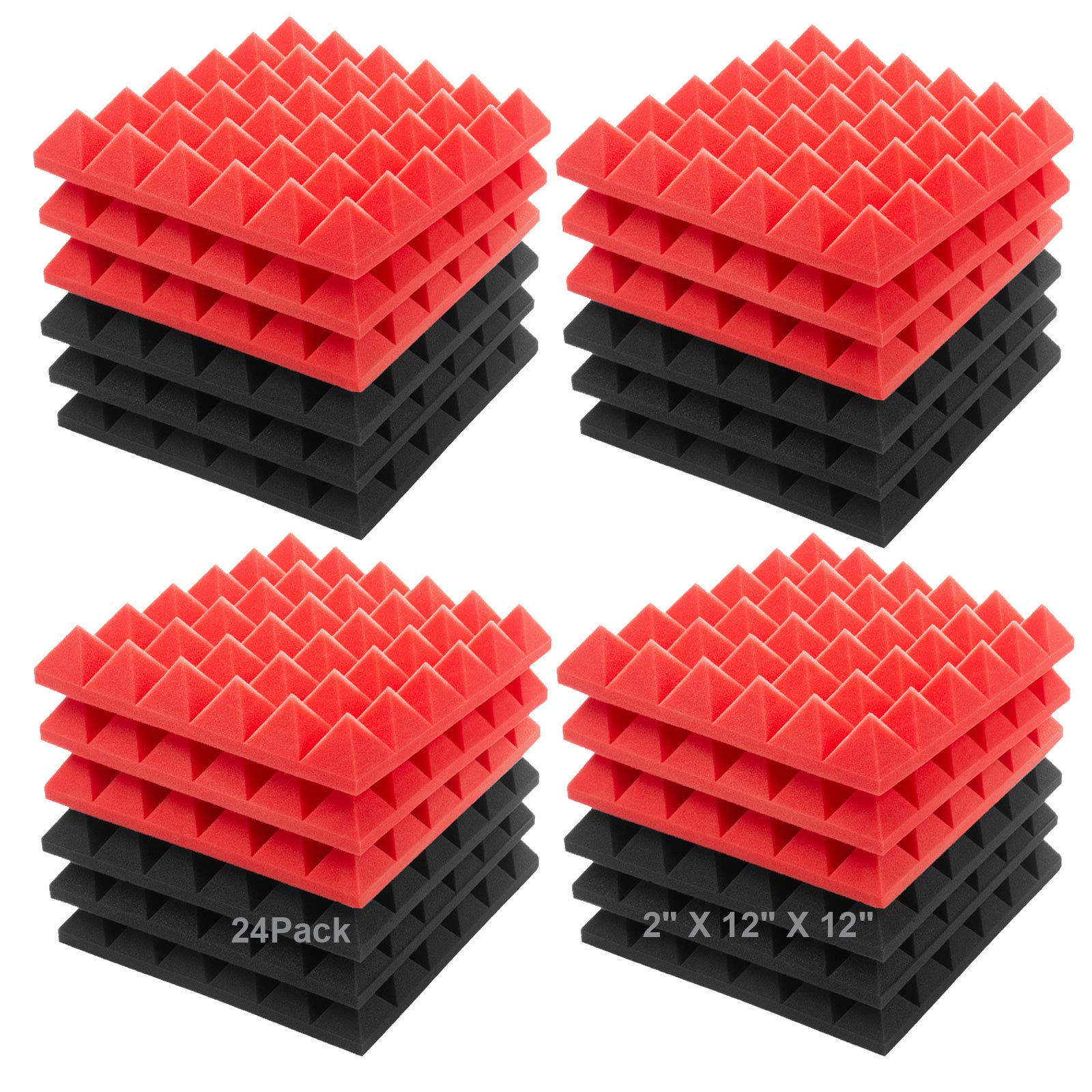 Jber Acoustic Sound Foam Panels, 24 Pack 2'' X 12'' X 12'' Red And Black Soundproofing Treatment Studio Wall Padding Sound Absor