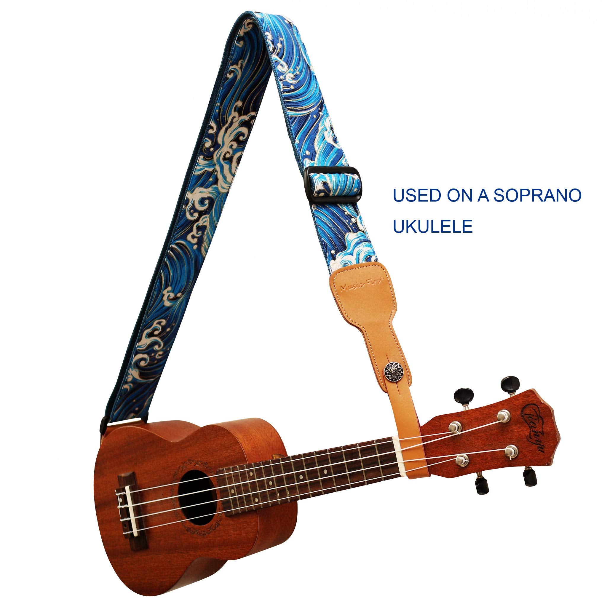 Music First Original Design, 2 Inch Width (5Cm), Ukiyoe Style Tsunami Waves    Soft Muslin & Genuine Leather Delux Guitar Strap,