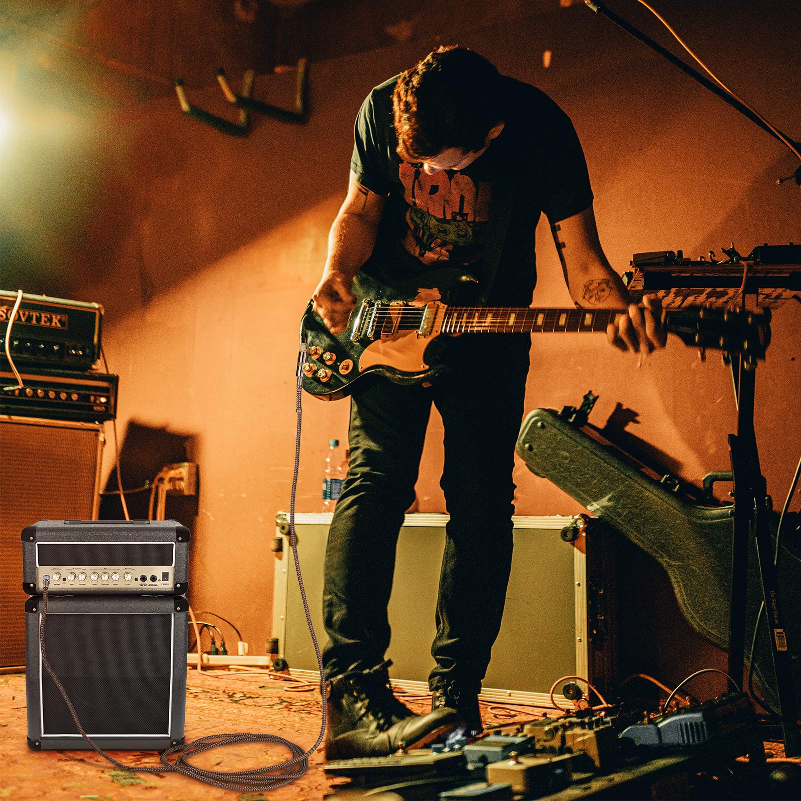 Jolgoo Guitar Cable, 1/4 Inch Cable 15 Ft, Straight To Right Angle 6.35Mm Plug Bass Keyboard Instrument Cable, Orange And Black