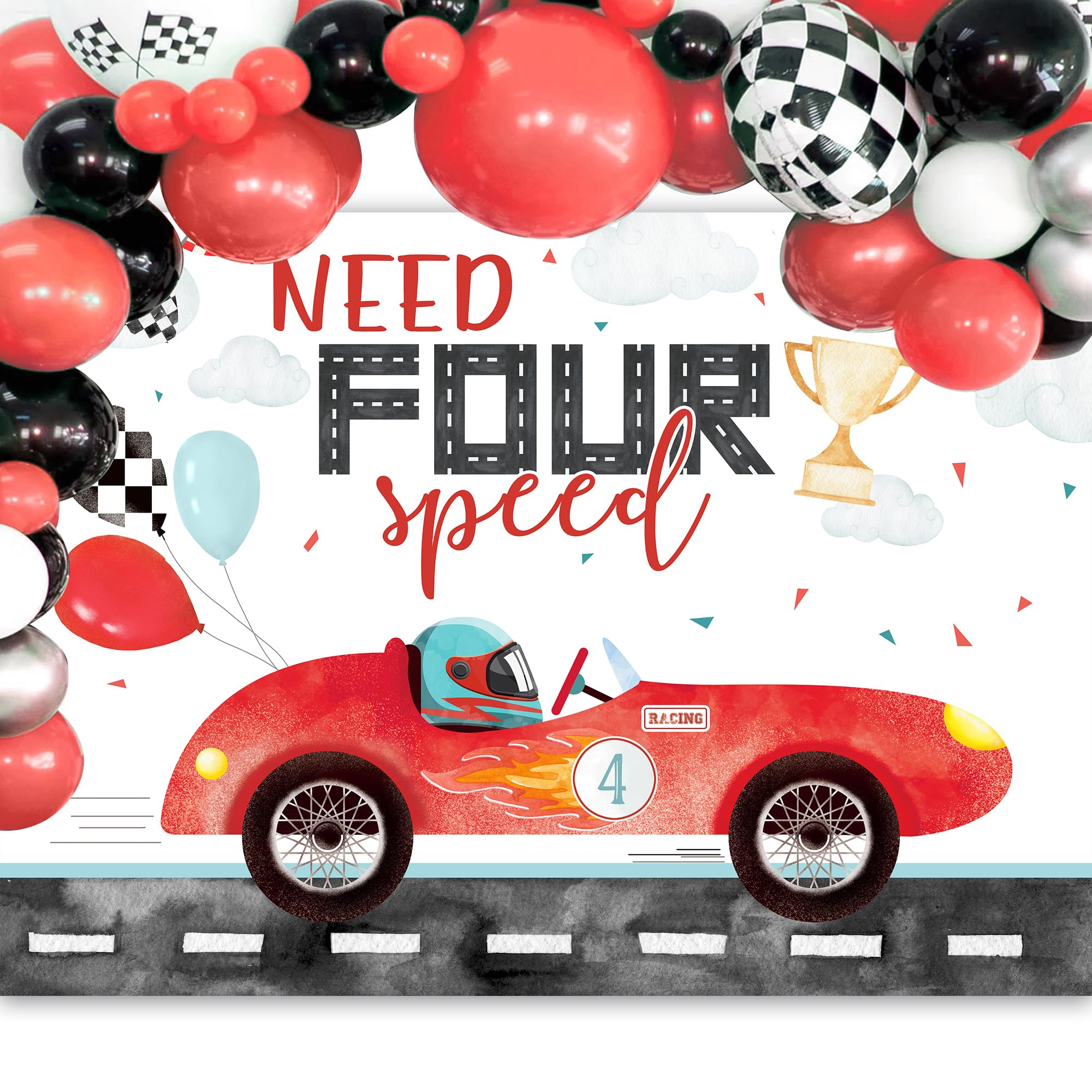 Glawry Need 4 Speed Birthday Backdrop 7Wx5H Feet Watercolor Red Racing Car Cartoon Cute Balloons Cool Boys Kids 4Th Birthday Par
