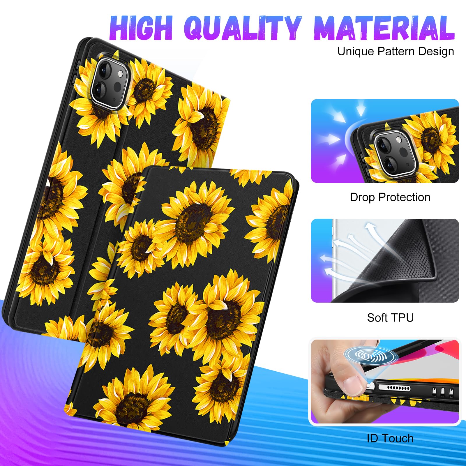 Uppuppy For Ipad Air 11 Inch Case, Air 5Th/4Th Generation 10.9, Pro 11'' Case Cute Kids Women Girls Folio Sunflower With Apple P