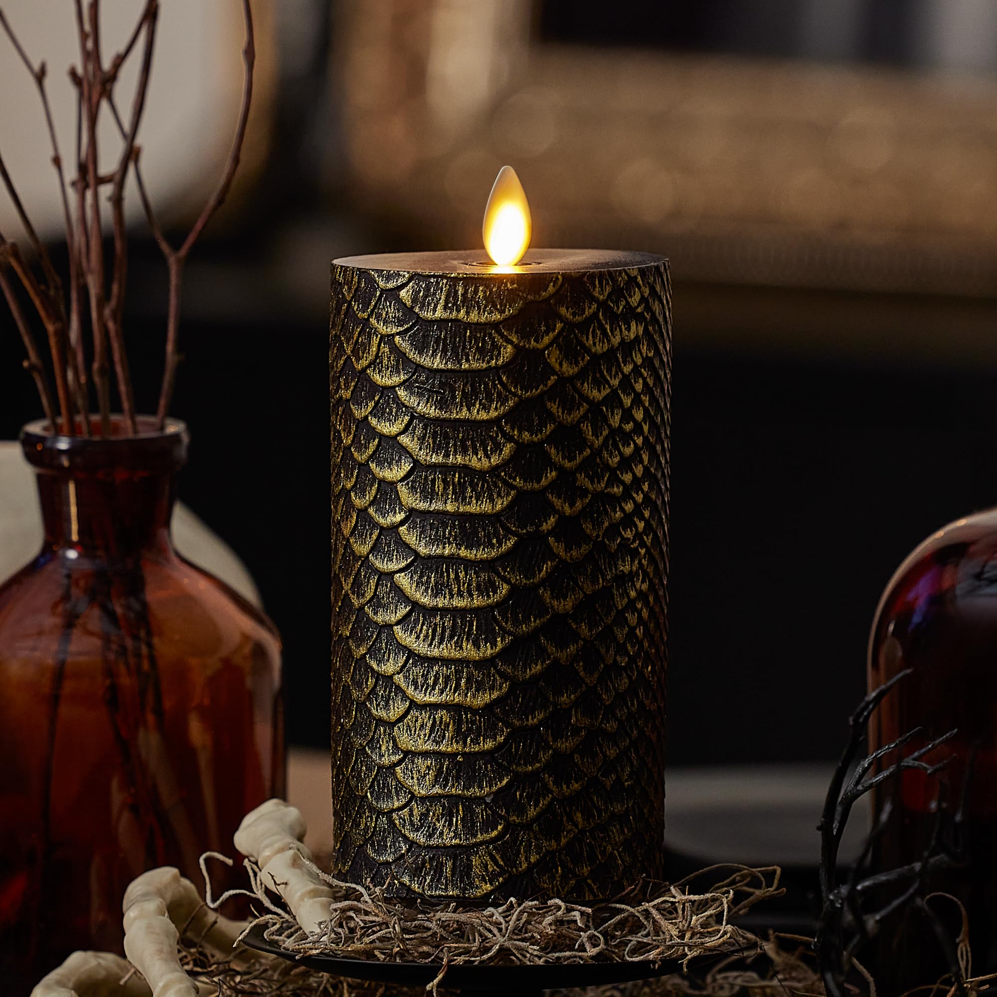 Luminara Black And Gold Snake Skin Flameless Led Candle, Flat Top Moving Flame Pillar, Real Unscented Wax And Timer (3'' X 6.5''