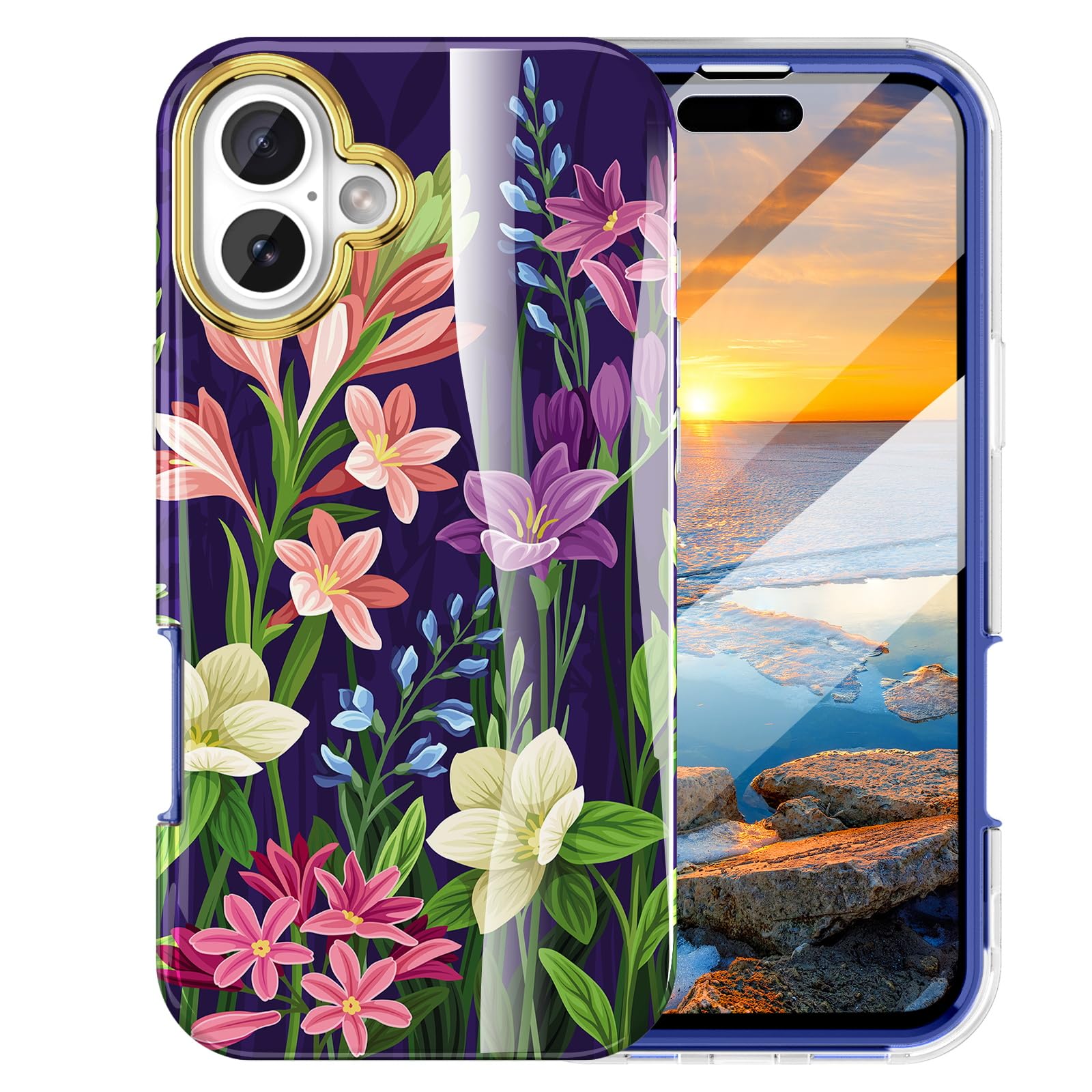 Turquiase Cute Flower Case For Iphone 16 Plus 6.9 Inch Built With Screen Protector, Lightweight And Stylish Full Body Shockproof