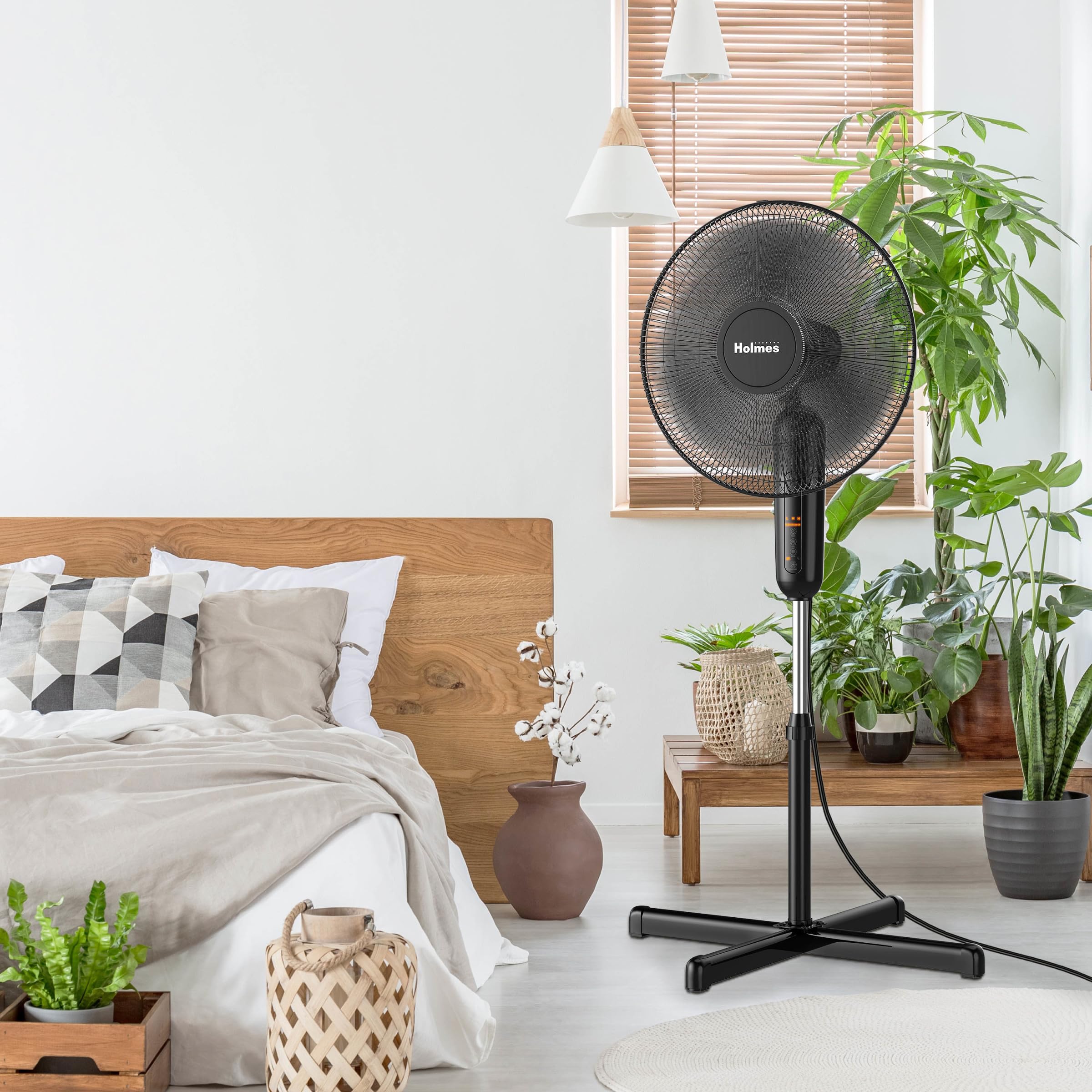 Holmes 16'' Digital Stand Fan, 80 Oscillation, 3 Speeds, 3 Modes, 7.5 Hour Timer, Adjustable Height, 30 Adjustable Head Tilt, Id