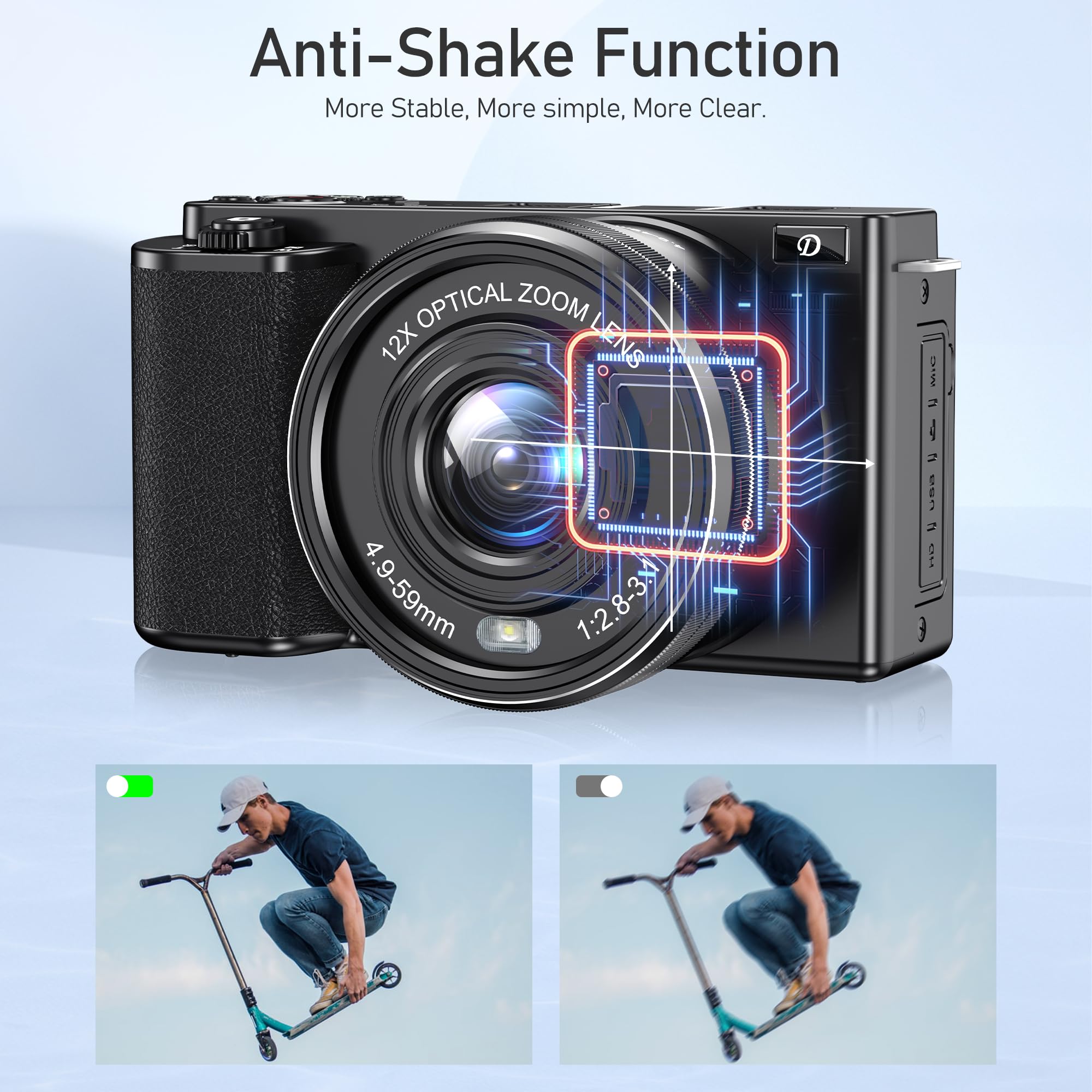 Cameras For Photography,4K 64Mp Digital Camera,12X Optical Vlogging Camera For Youtube,One Button Point And Shoot Digital Camera,Auto Focus Video Camera,Travel Camera With 64G Tf Cards For Beginners