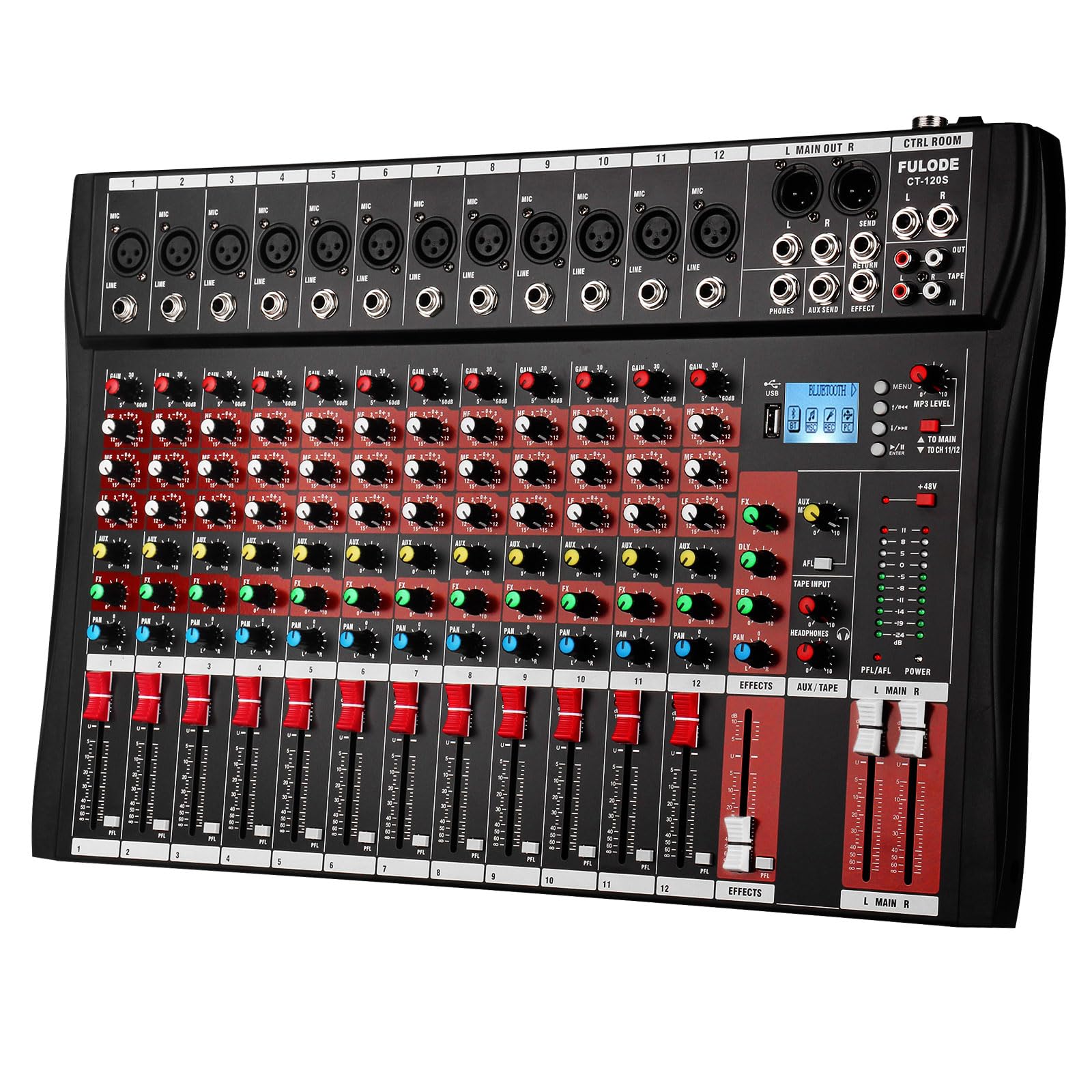 FULUODE 12 Channel Mixer Audio Console, CT-120S Professional Music Mixer DJ Mixing Board with Reverb Bluetooth MP3 Player 48V Ph