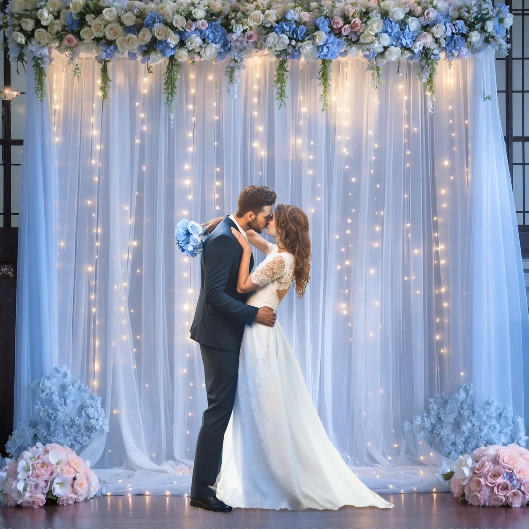 Blue Tulle Backdrop Curtains With Lights String For Parites Baby Shower 20  8Ft Blue Sheer Backdrop Curtains Drapes For Bridal S