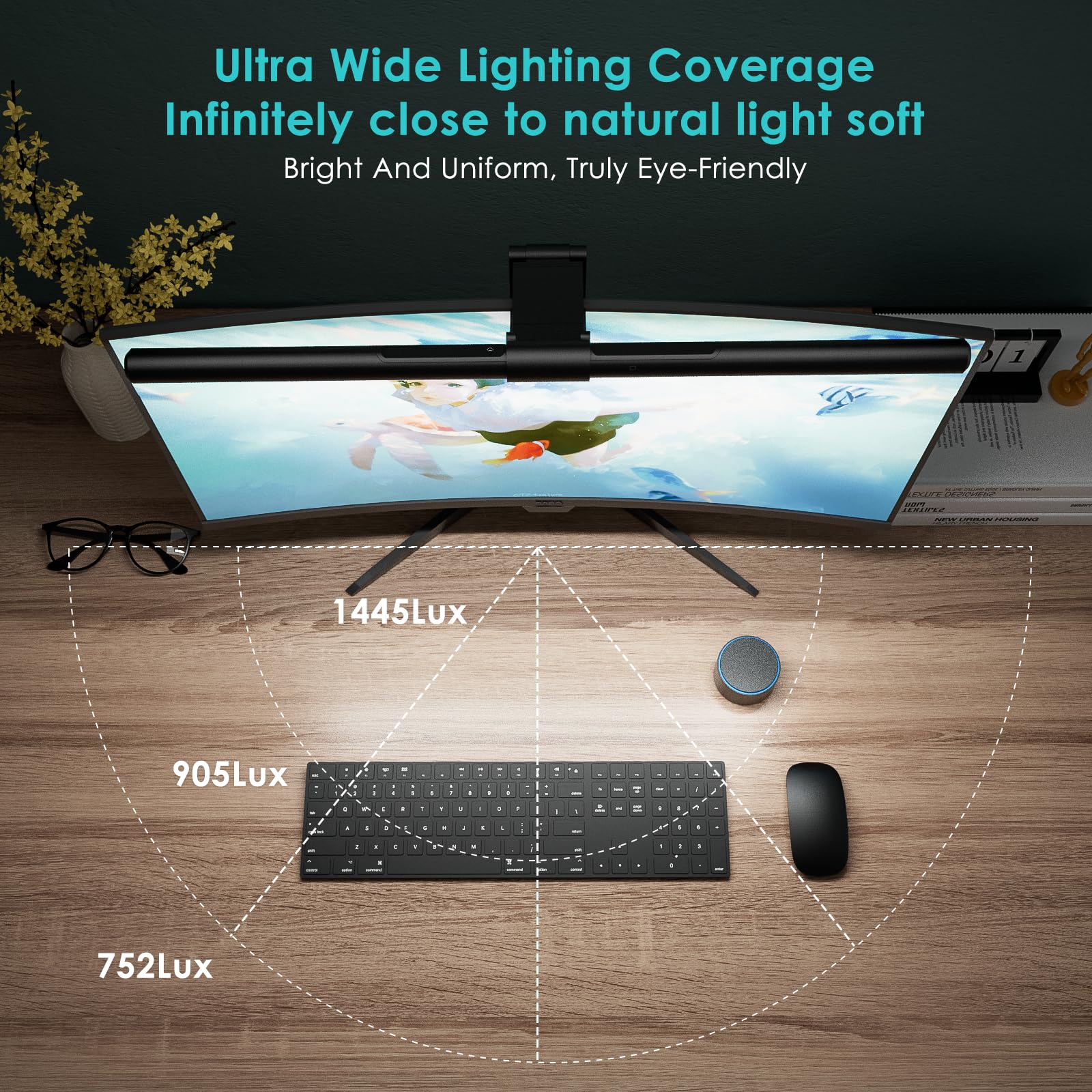 Quntis Monitor Light Bar PRO+ - 20-Inch Dimmable Eye-Care Lamp for Curved/Flat Monitors, Black, Model LI-HY-0208-BK-QU