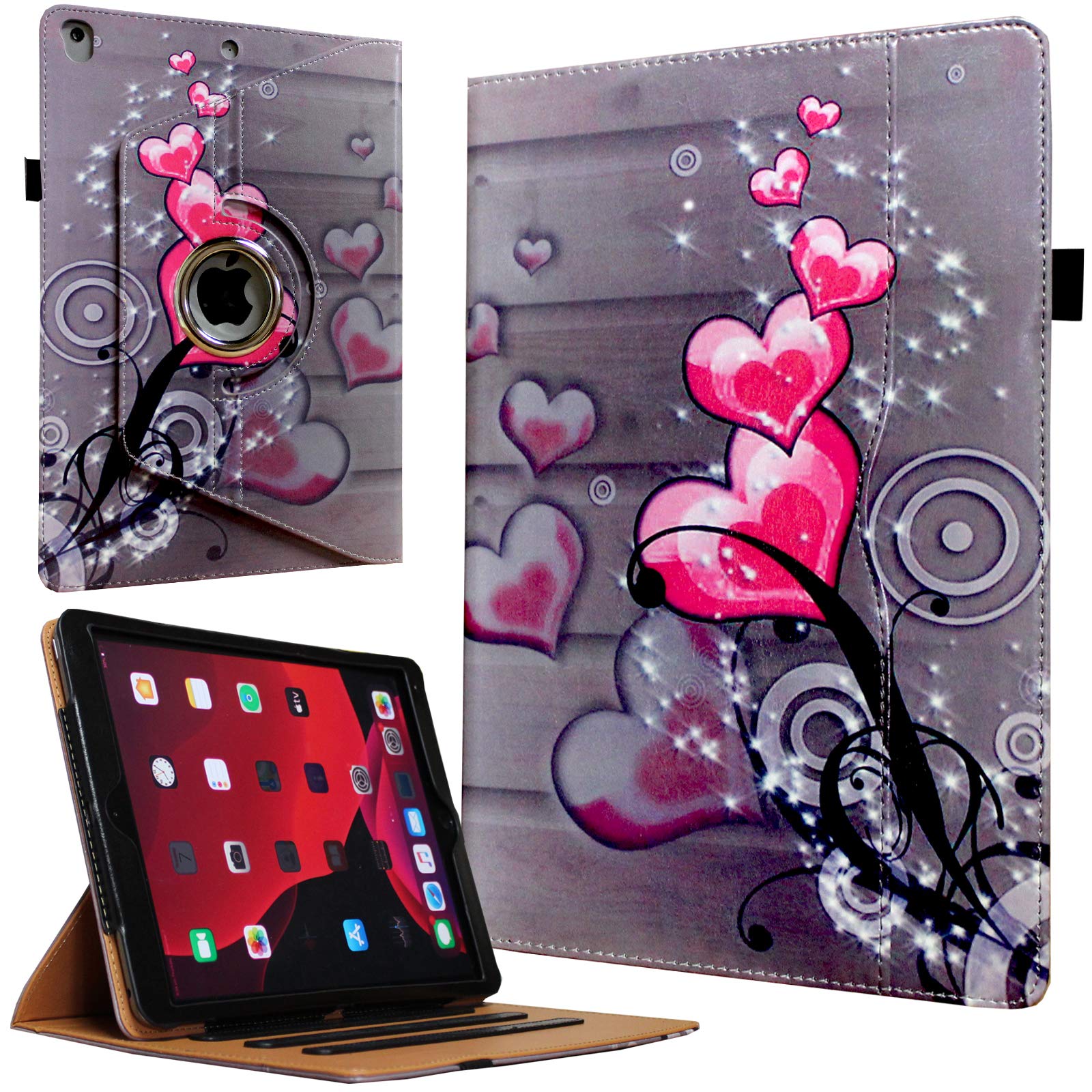 Jytrend Case For Ipad 9.7 (2018) 6Th/(2017) 5Th Generation, Ipad Air 1(2013)/Air 2(2014), 360 Rotating Multi Angle Viewing Stand Smart Cover With Pocket/Pen Holder, Auto Wake Up/Sleep (Heart Flower)