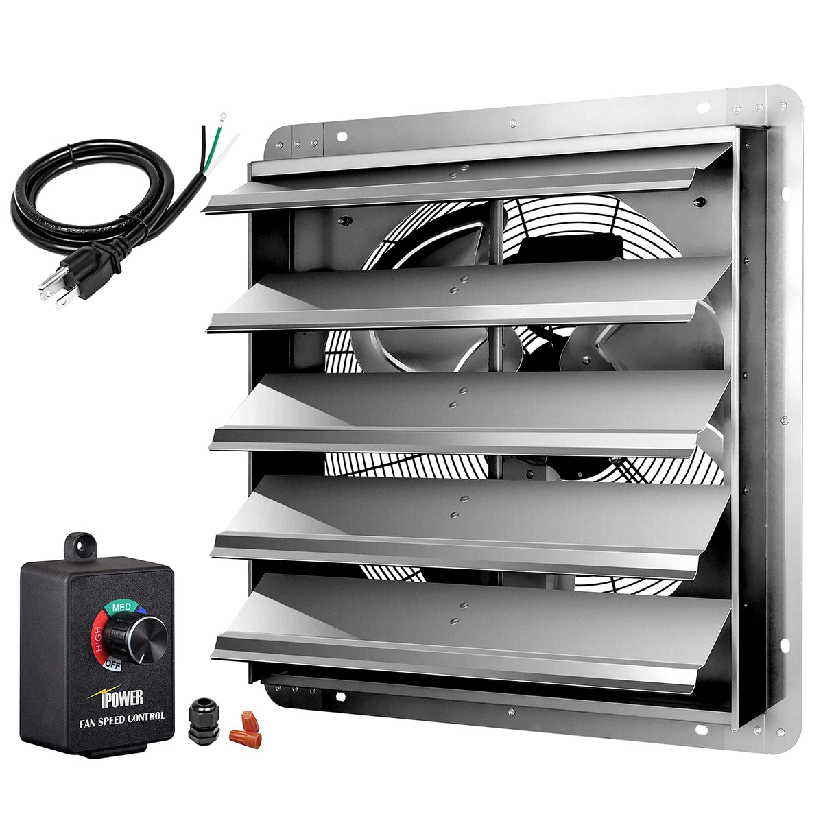 Ipower 20 Inch Wall Mounted Shutter Exhaust Fan With Speed Controller And Power Cord Kit, Aluminum, 1200 Rpm, 3368 Cfm, For Atti