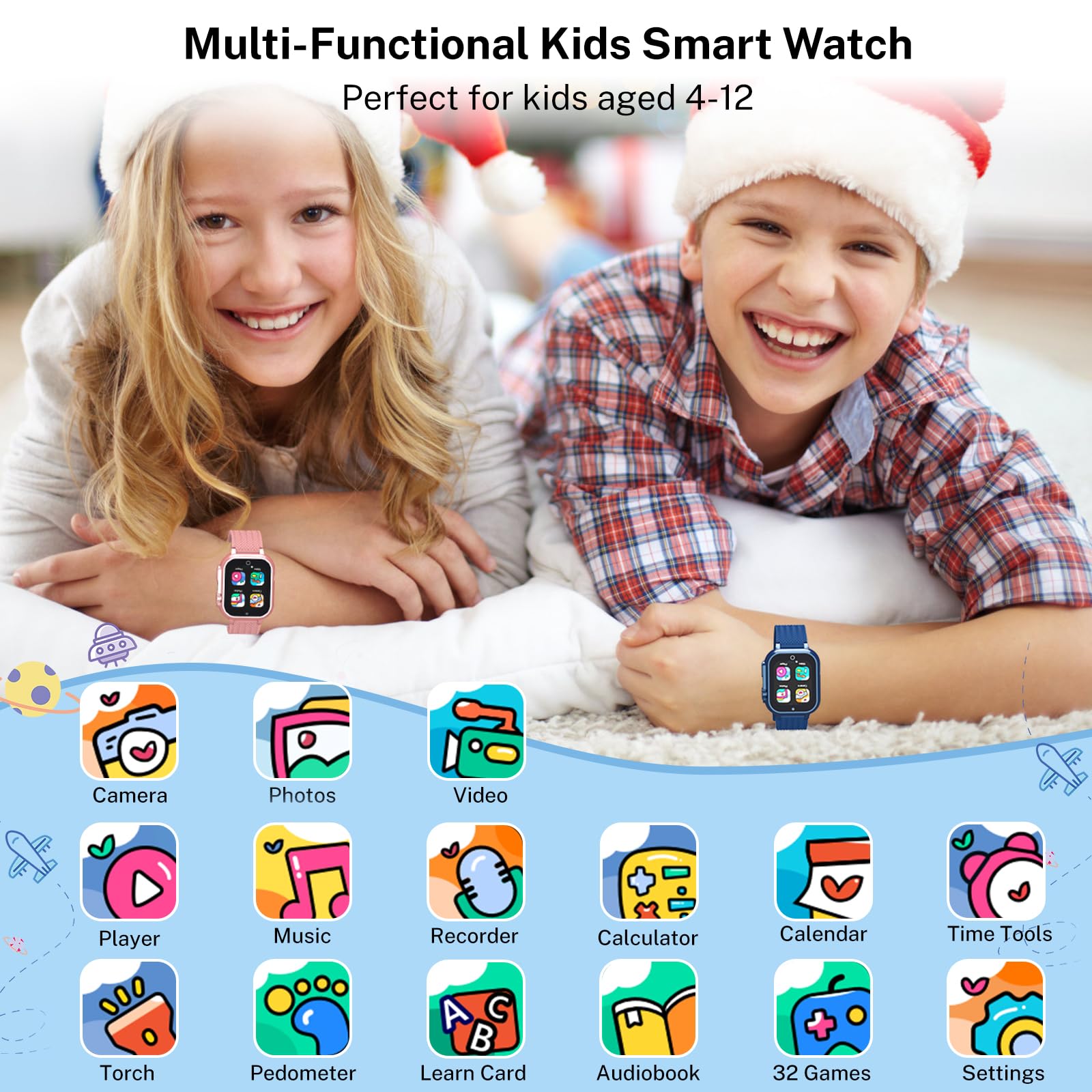 Smart Watch For Kids, Gift For Boys Age 4-12, 32 Games, Educational Toy Watch With Camera, Audiobook, Music, Pedometer, Alarm, S