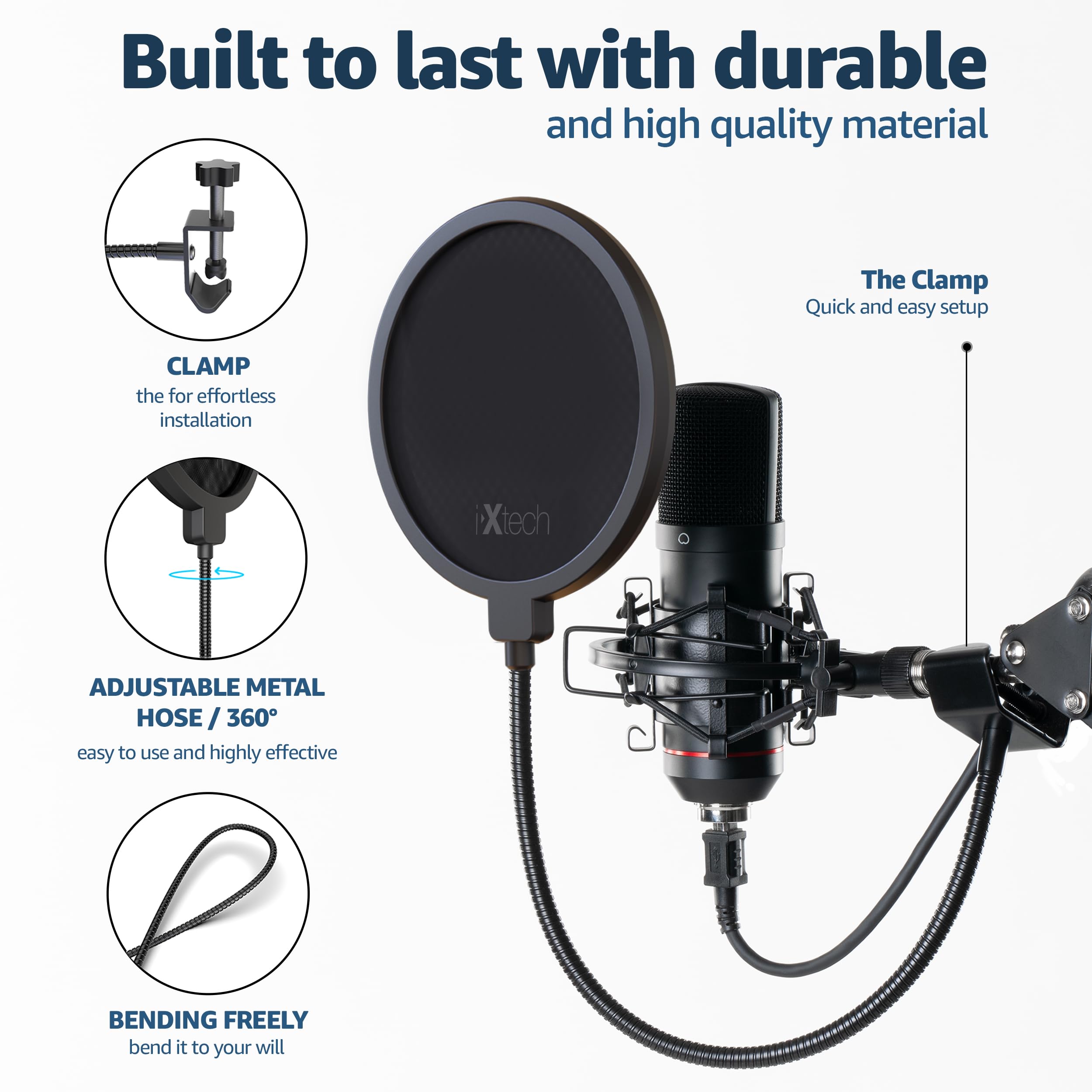 Ixtech Pop Filter For Mic Microphone, Blue Yeti Mic Pop Filter Dual Layered Wind Pop Screen With A Flexible 360 Degree Gooseneck
