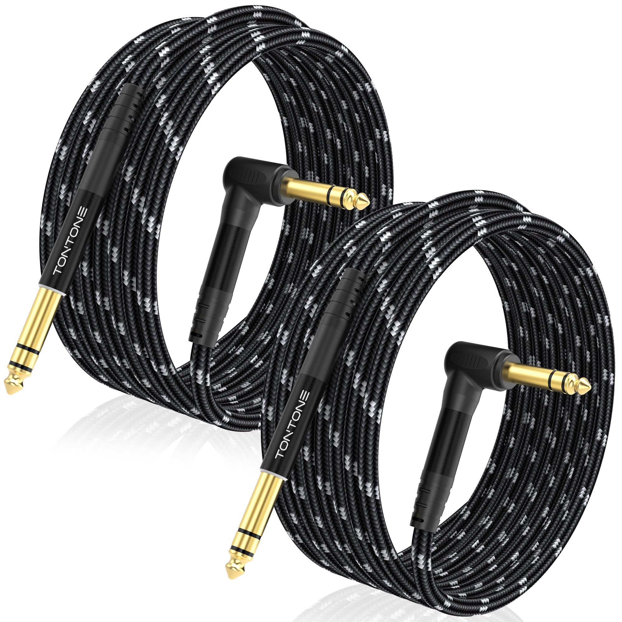1/4 Inch TRS Cable Right Angle to Straight 2-Pack 20FT, 6.35mm Balanced 1/4 Audio Cable for Electric Guitar Bass Keyboard Mixer 