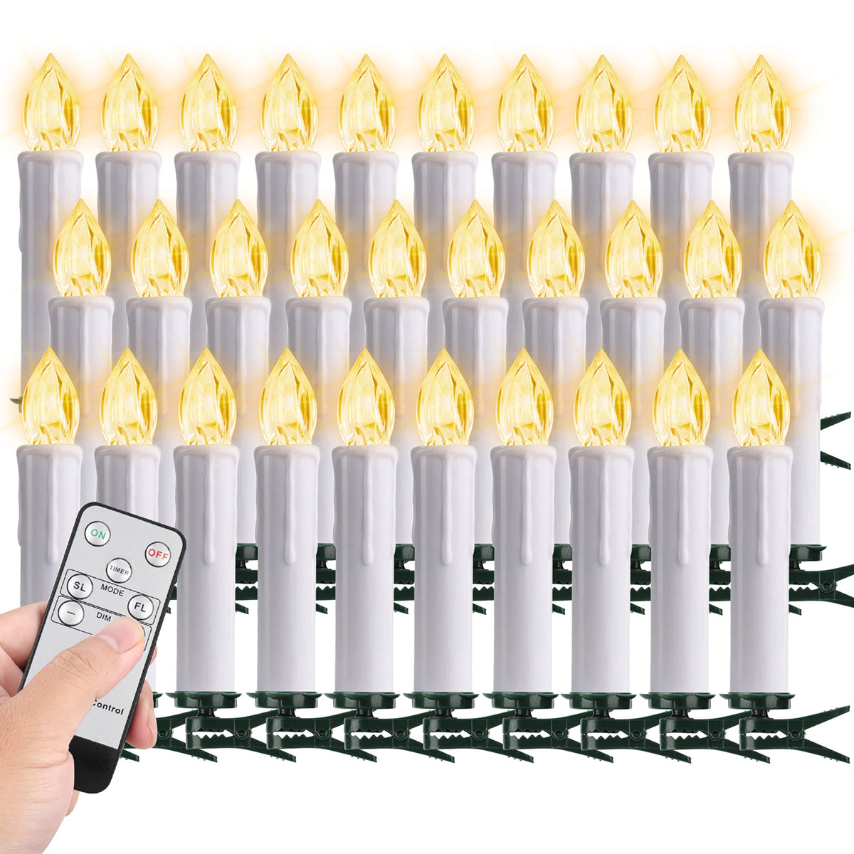 Fpoo 30 Pcs Candles For Christmas Tree, Battery Operated Candles With Clips, 4'' Taper Candle Stick With Remote Timer, Waterproo