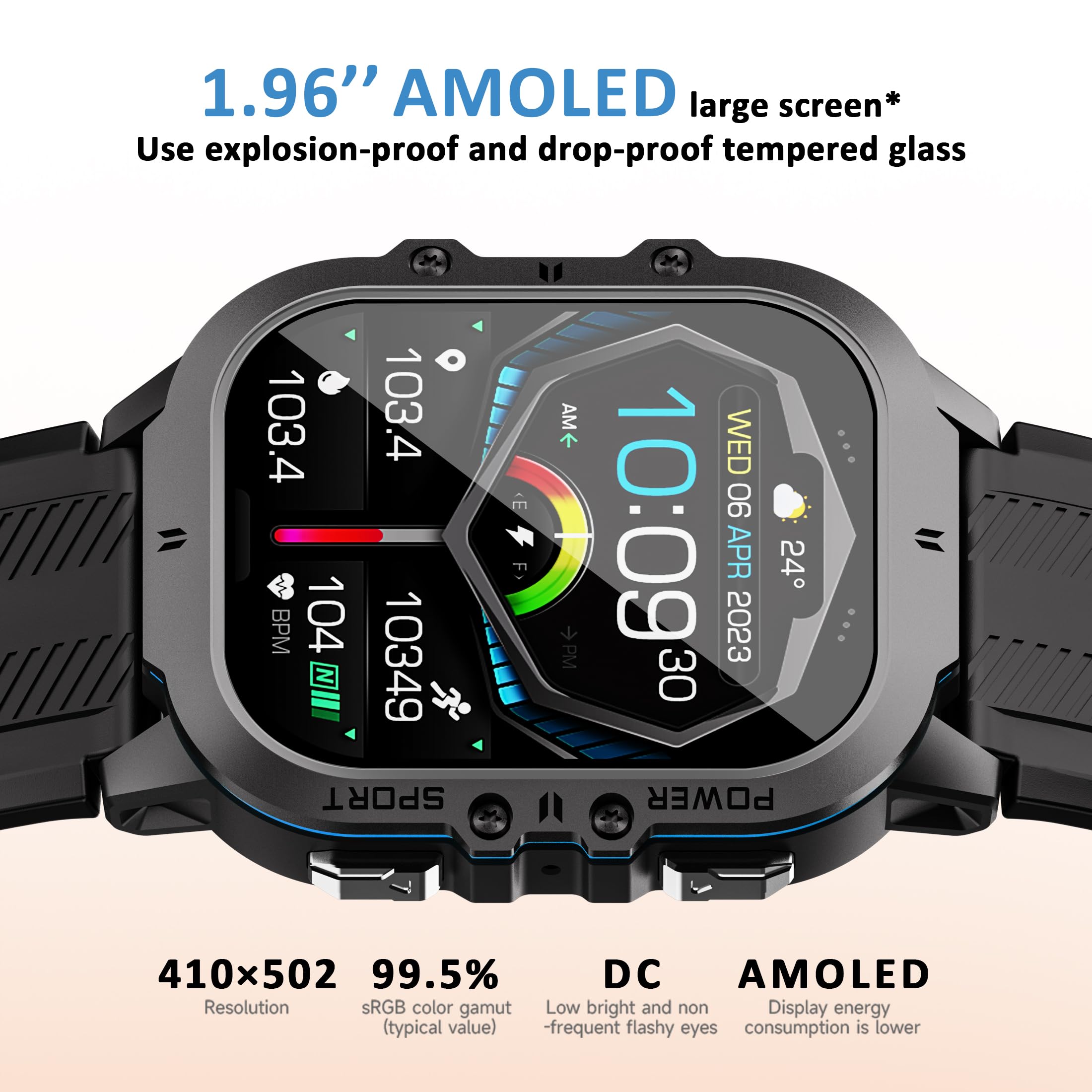 Vowtop Smart Watches For Men, 1.96'' Hd Amoled, Rugged Military (Answer/Calls/Dial) Fitness Tracker, Extra Long Battery Life, Ai