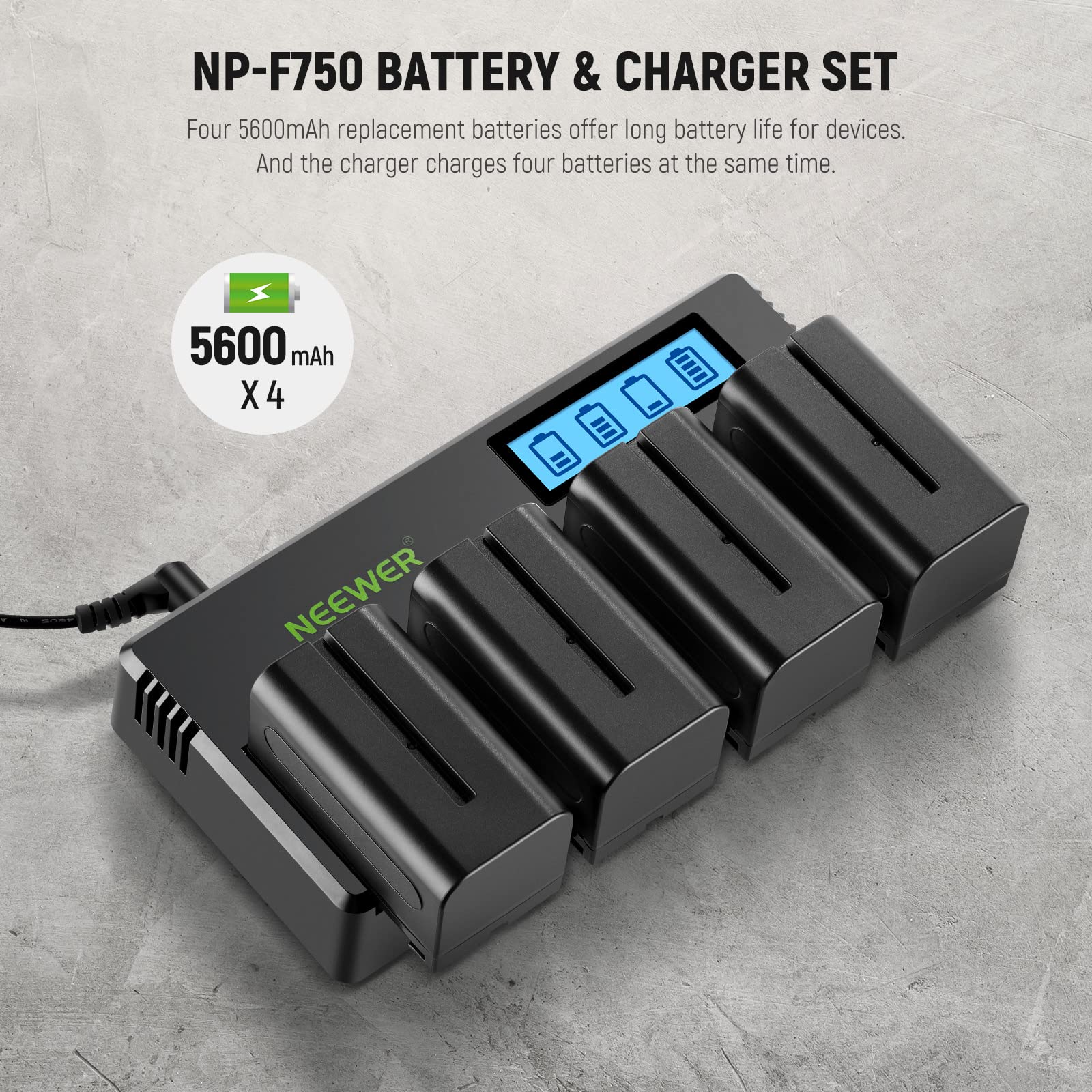 Neewer 4 Packs Np F750 Replacement Batteries 7.4V 5600Mah With 4 Channel Battery Charger & Power Adapter, Compatible With Np F55