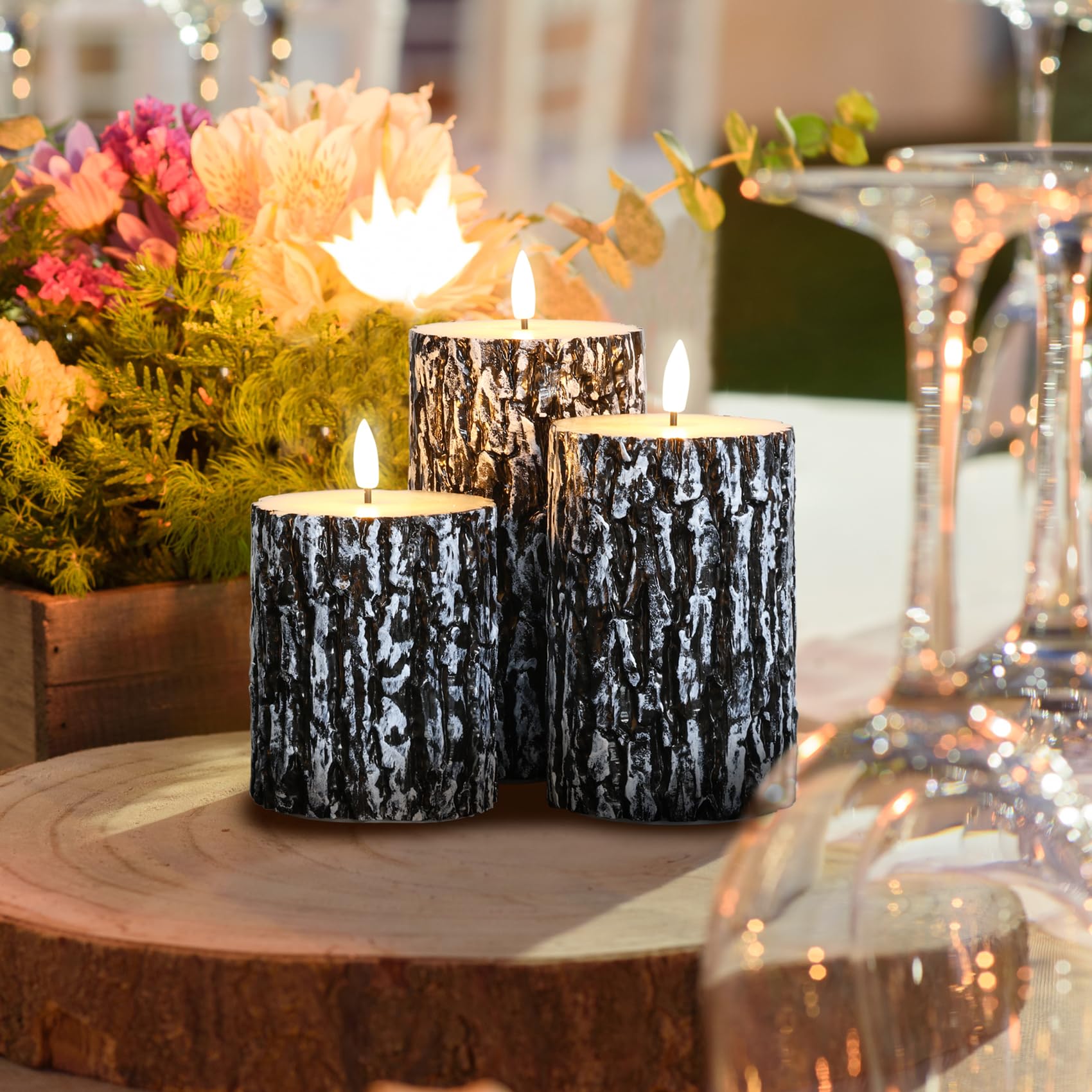 Eywamage Black Pine Bark Flameless Led Candles With Remote, Farmhouse Flickering Wood Pillar Candles Set Of 3