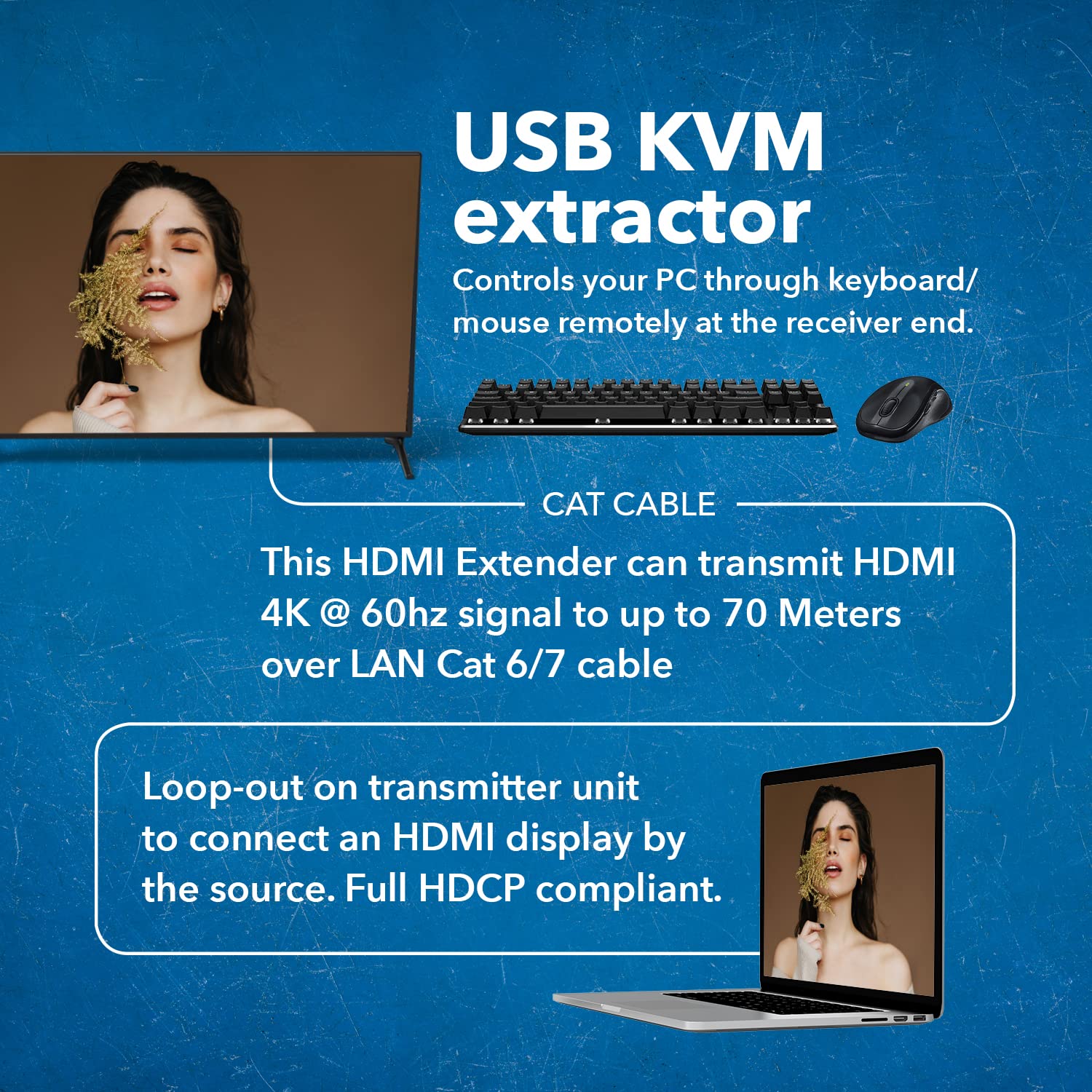 Orei Kvm 4K Hdmi Over Ethernet Extender Balun Over Cat6/7 Cable 4K@60Hz Upto 230 Feet   2 Usb 1.1 Ports, Supports Keyboard And M